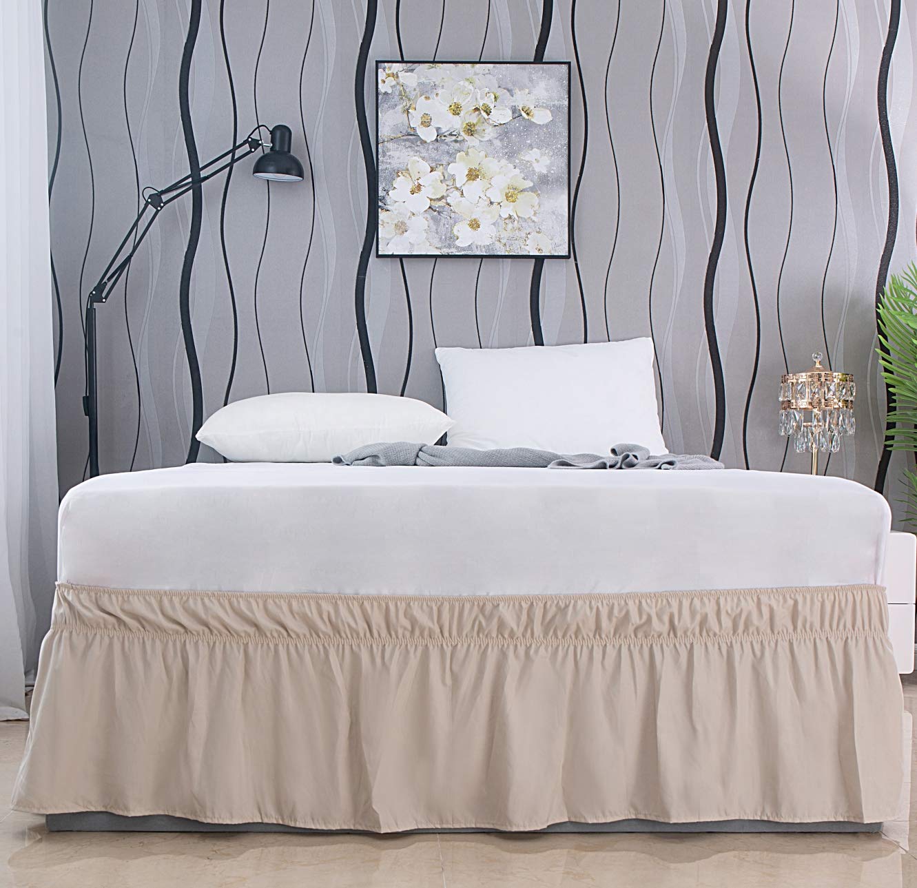 AYASW Bed Skirt Queen Size 18 inch Drop Soft and Cozy Brushed Microfiber Dust Ruffle Three Fabric Sides with Elastic No Top Cover Beige Glory Easy to Install Easy Care Holiday Decor