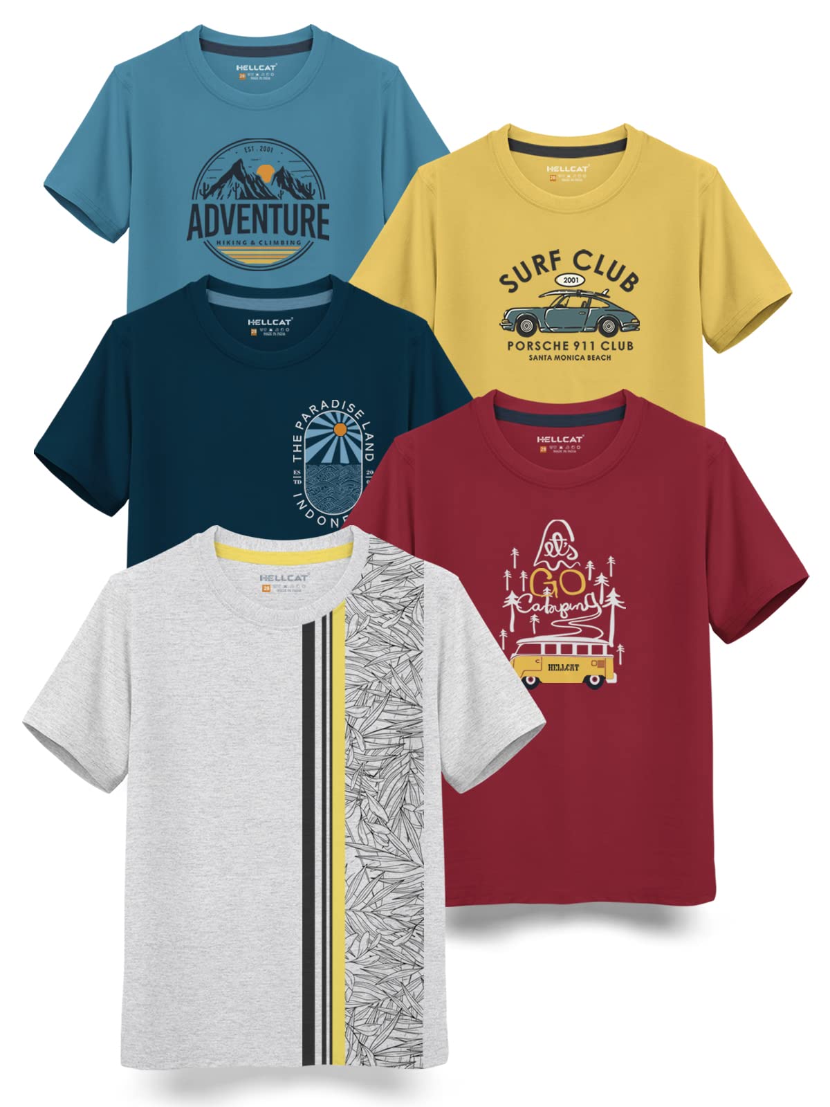 HELLCAT Trendy Typographic Printed Cotton Blend Half Sleeve T-Shirt for Boys - Pack of 5