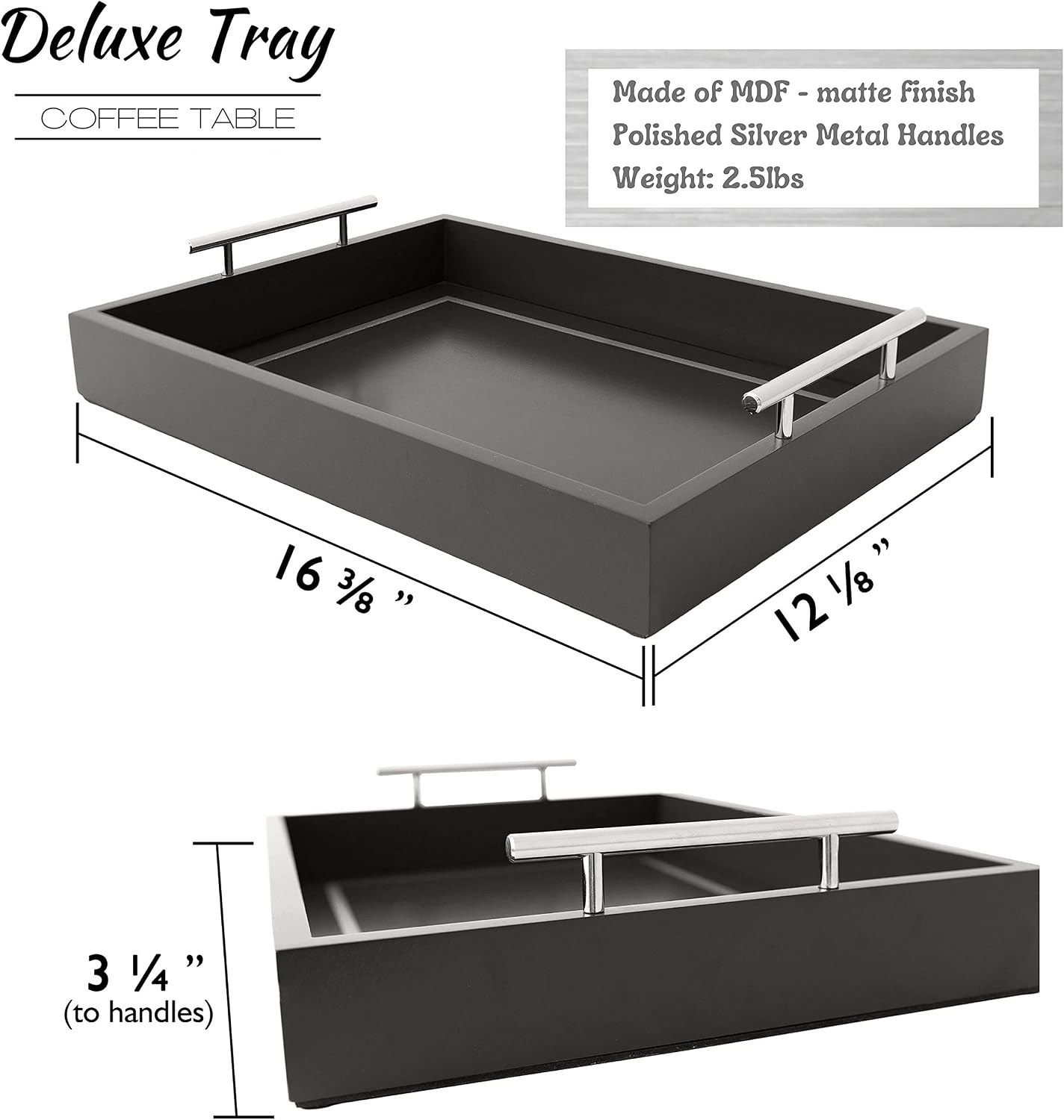 Deluxe Tray for Coffee Table – Stunning Black Tray Decor, Ottoman Tray & Bar Tray for Liquor to Style and Decorate Your Home -16x12