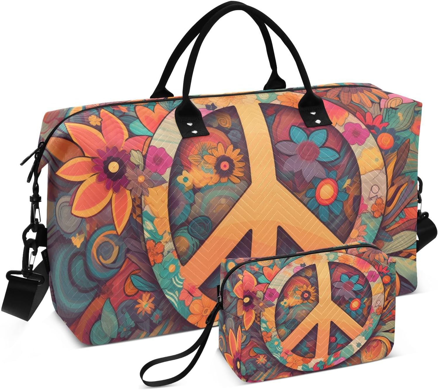 Duffel Bag Set with Toiletry Bag for Travel Gym Sport, Luggage Sleeve Weekender Bag Carry on Overnight Bag-Hippie Peace Print