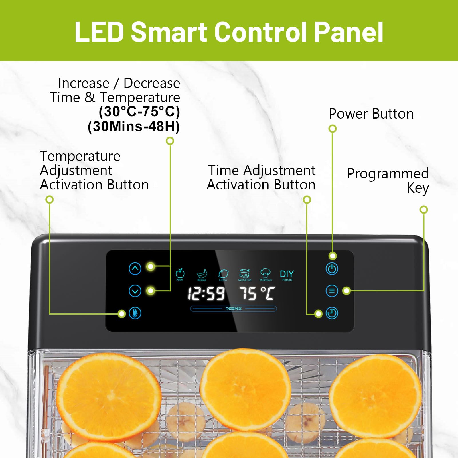 Reemix 8 Plateaux Déshydrateur Alimentaire en Acier Inoxydable, Contrôle tactile LED, avec Température Réglable 30 à 75°C et Minuterie Numérique (0-48h), Livre de Recettes Inclus