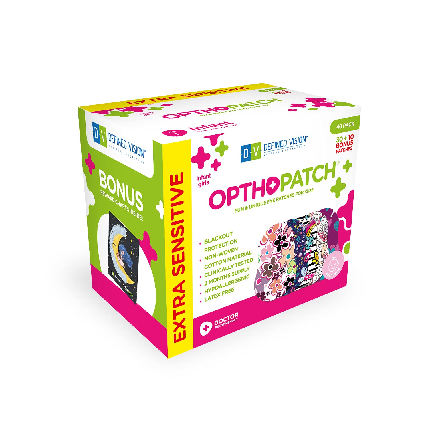 Opthopatch Extra Sensitive Adhesive Eye Patch for Girls Infant 40 Pack Series I + Rewards Chart
