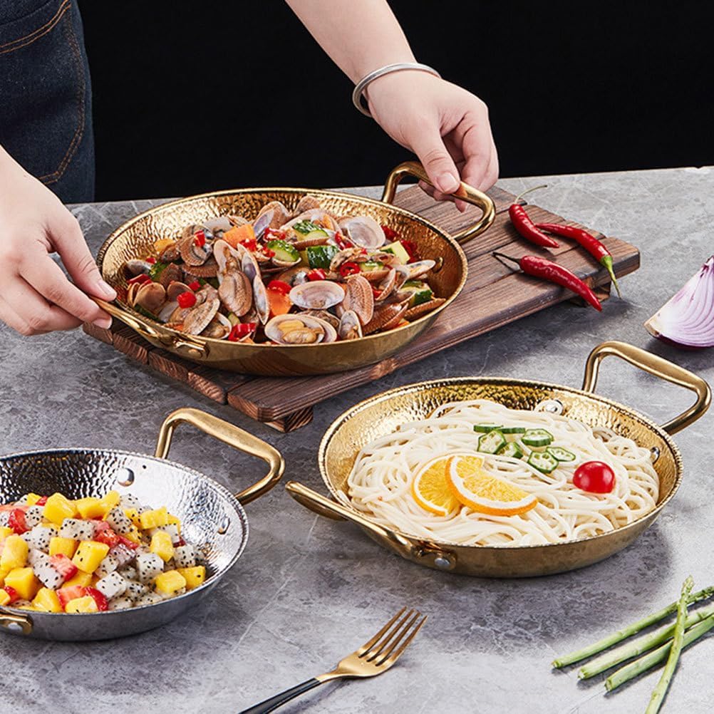 Cabilock Paella Pot Stainless Steel Cooking Pan with Double Handles Flat Kitchen Cookware for Seafood Hot Pot Dry Spicy Hot Even Heat Transfer 10.82 X 8.26 X 1.37 in