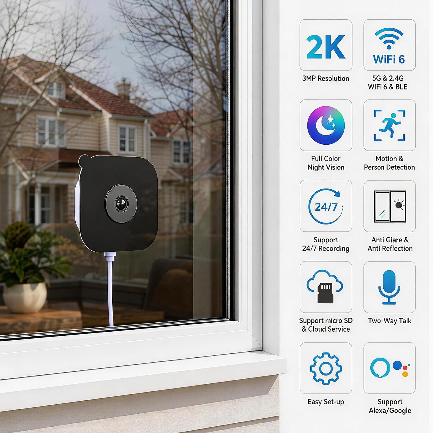 Window Security Camera 2K 3MP with Night Vision, Safeview Indoor Camera for Home Security, 5GHz & 2.4GHz WiFi 6, Anti-Glare Window Mount, Human Detection, Two-Way Audio, 24/7 Recording
