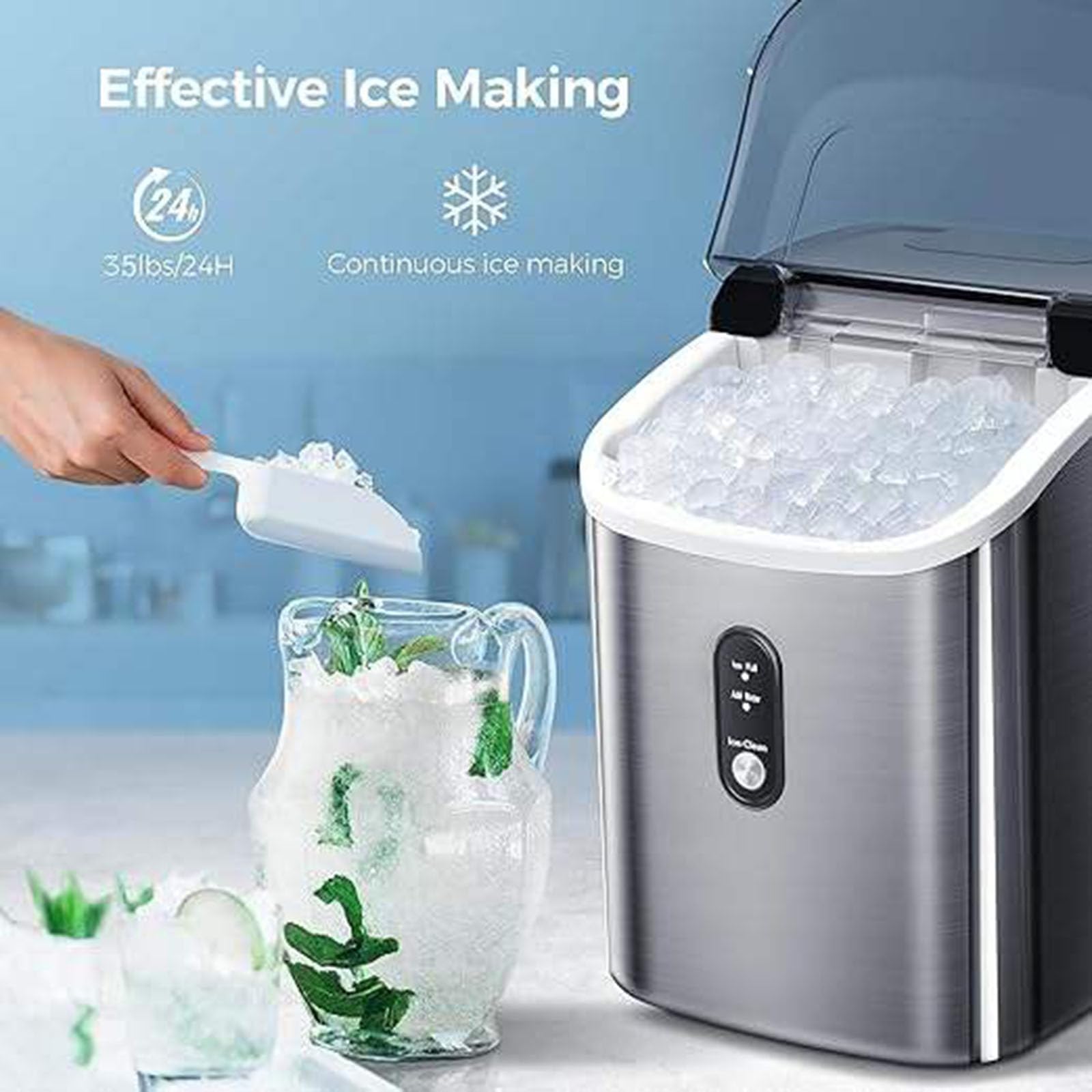 Máquina de hielo portátil, autolimpiante, 15 kg/24 h, cesta y pala para hielo incluidas, hace 9 cubitos de hielo en 6 minutos, compacta para el hogar, la cocina, la oficina y la autocaravana.