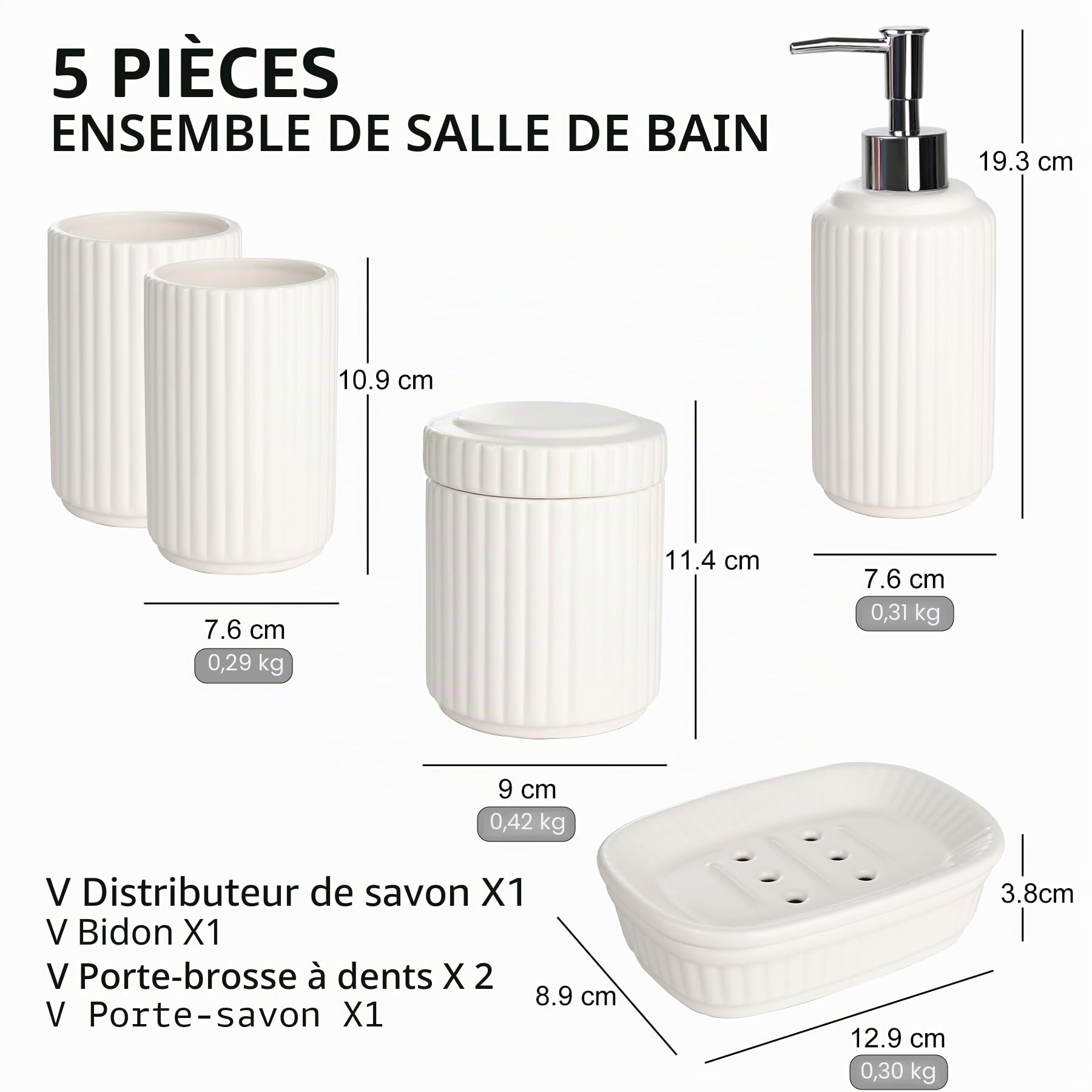 NOVAJOY Ensemble de salle de bain en céramique 5 pièces avec distributeur de savon, porte-savon, porte-brosse à dents, boîte à cotons-tiges, beige et blanc
