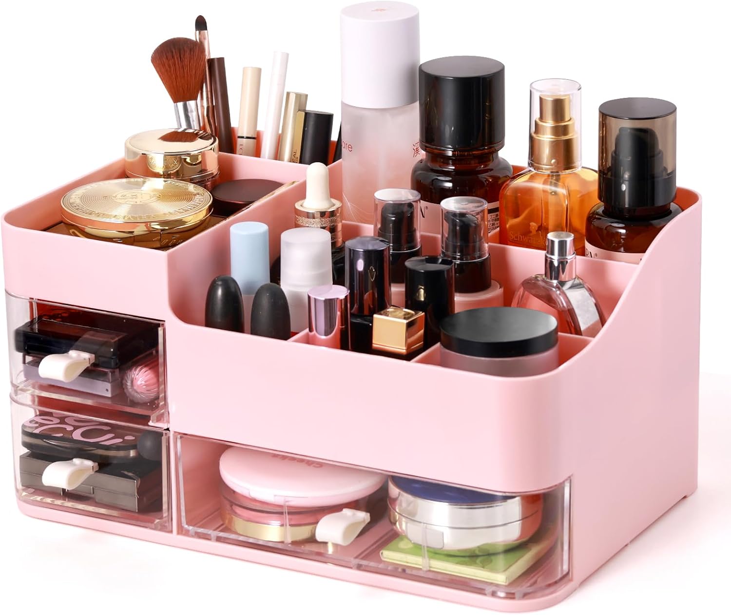 KPX Makeup Organizer Countertop for Vanity, Bathroom Makeup and Skincare Organizer, Cosmetic Storage Care Display Case With 3 Drawers for Lipstick, Nail Care and Jewelry (Pink Style)
