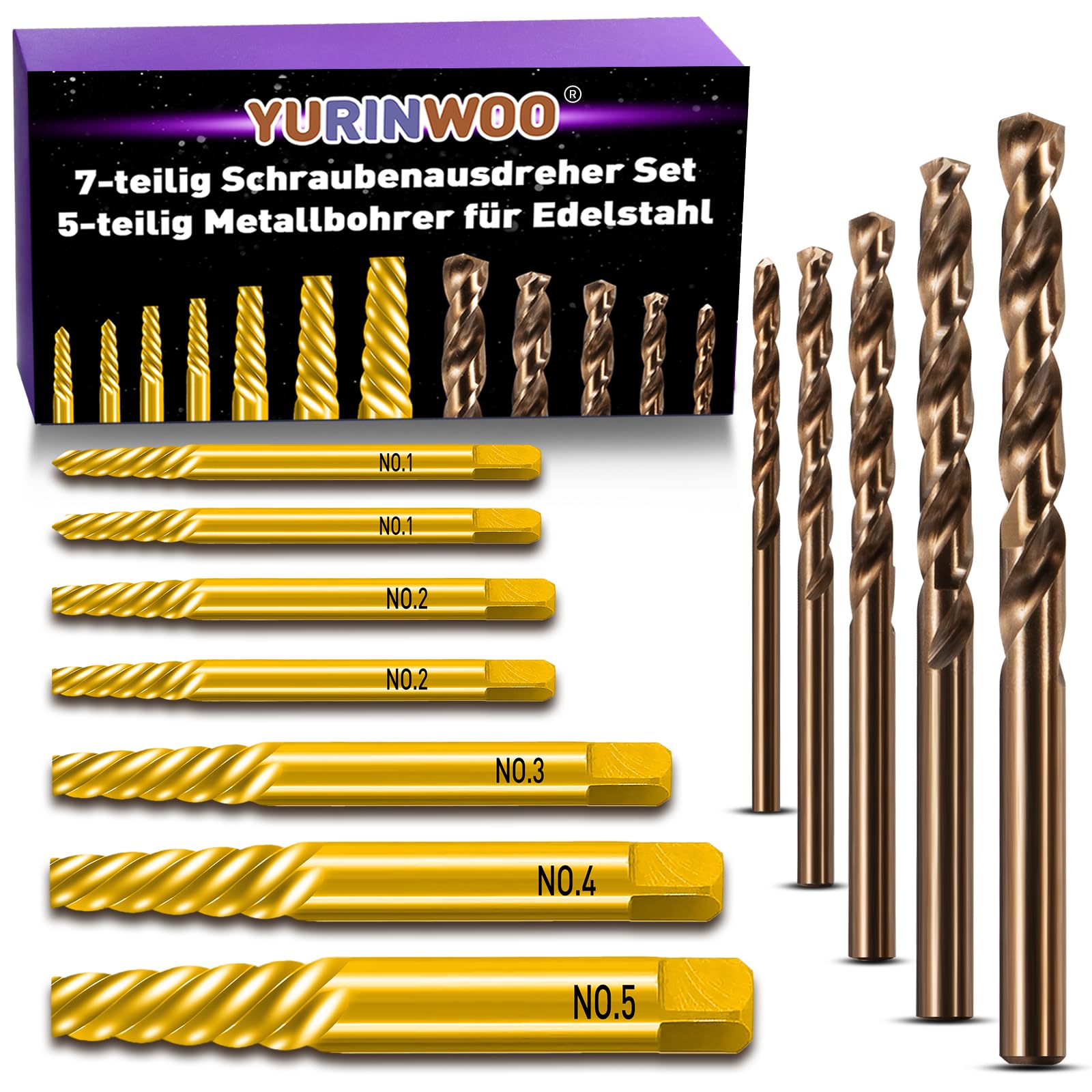 Titanium Professional Coating Screw Extractor 7 Pieces and 5% Cobalt Alloy Twist Drill Bit Pack of 5, Golden, 12-teilig