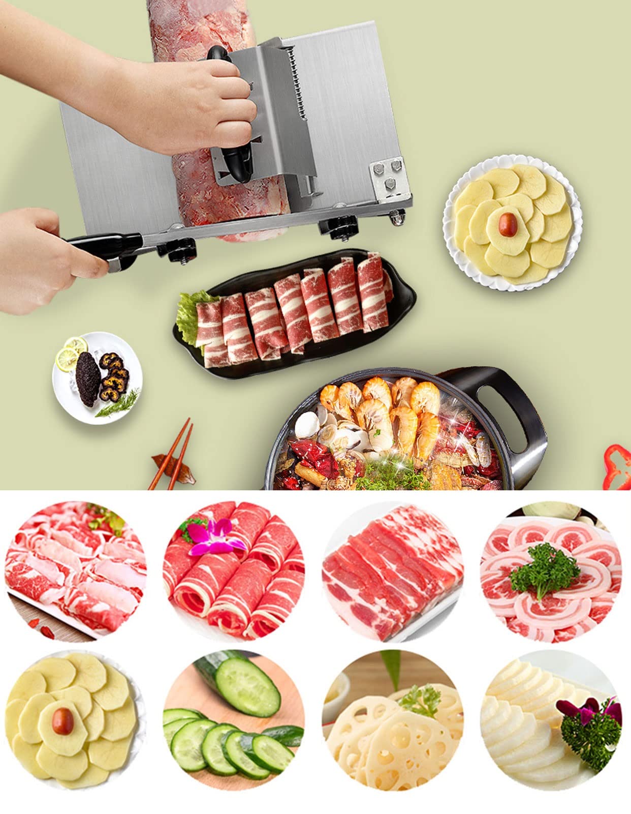 Rebanadora de Carne Congelada Cortafiambres Manual para Vegetales Frutas Hogar Ajuste de 0,5-25 MM Cortadora de Acero Inoxidable, Entrega de Carne Asistida por Primavera