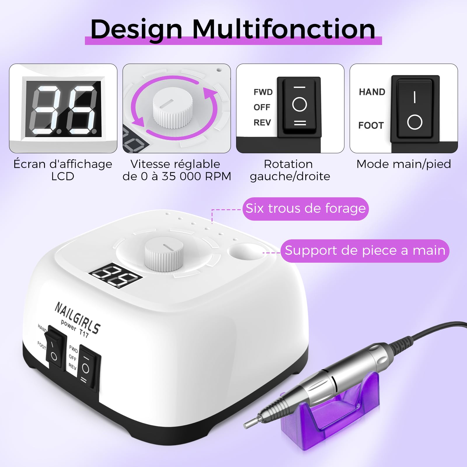 NAILGIRLS Ponceuse pour Ongles Professionnelle 35000RPM 11 en 1, Vitesse Réglable et Portable, avec Écran LCD pour Pédicure/Manucure et Pédale, Puissante et Silencieuse, pour Salon/Maison
