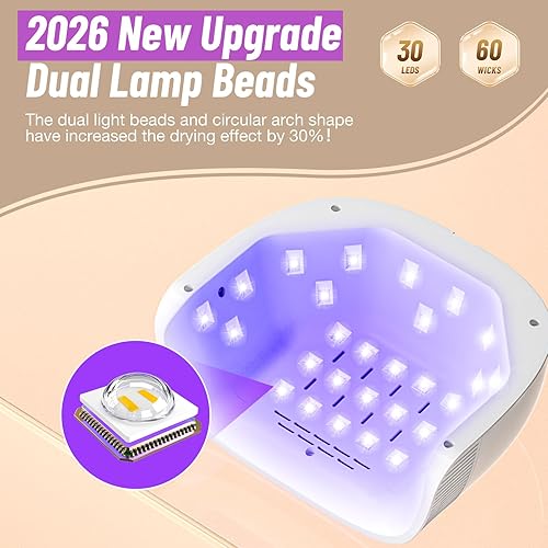 Miniatura 2 de Lámpara de uñas UV, luz UV mejorada 2026 para uñas de gel con 30 cuentas dobles, 4 temporizadores de luz LED para uñas, lámparas de uñas de curado
