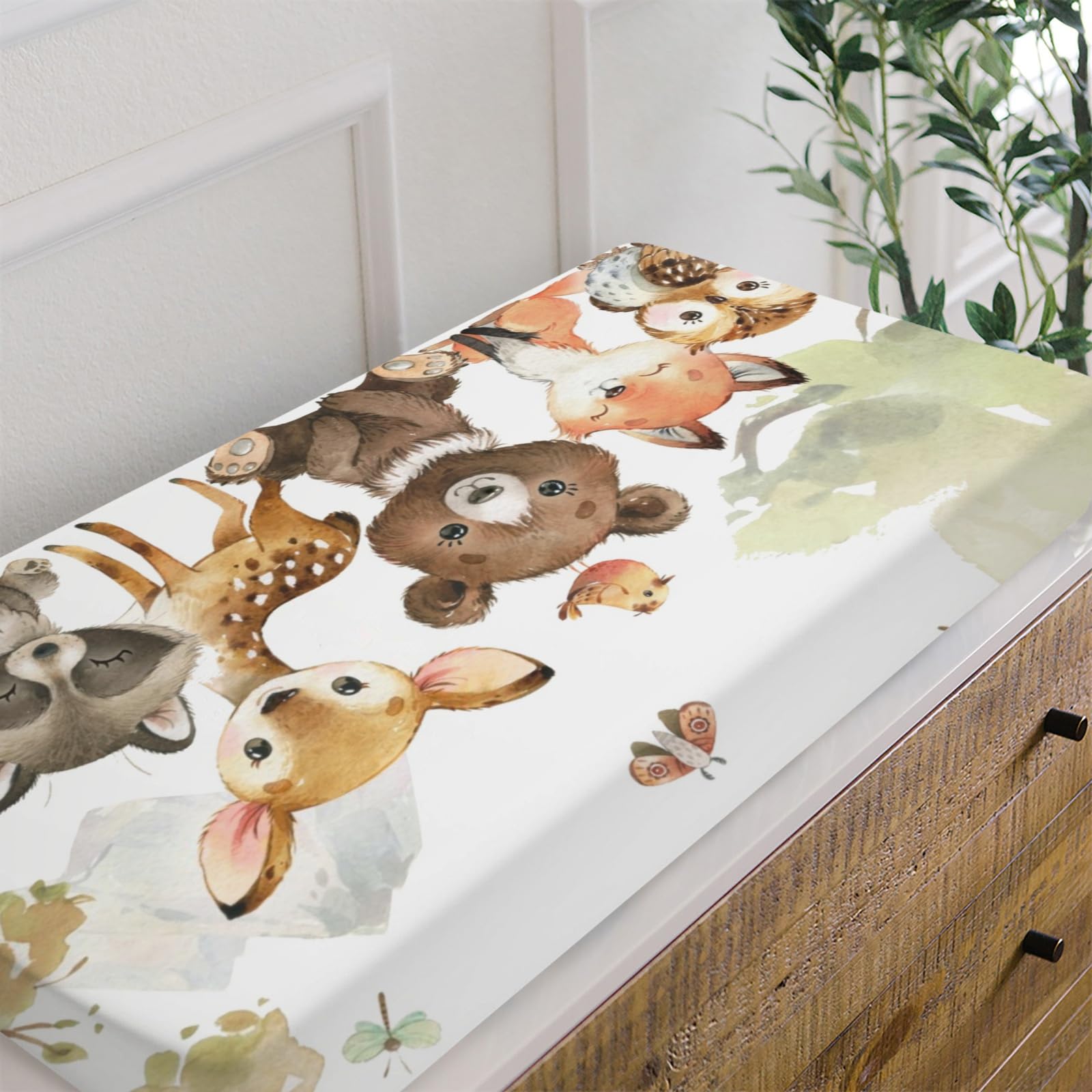 Funda para cambiador de pañales de animales para bebé, niña, niño, bosque natural, ciervo, oso, zorro, búho, cambiador, suave, elástico, seguro, cómodo, ajustable para cambiador, 32 pulgadas 7