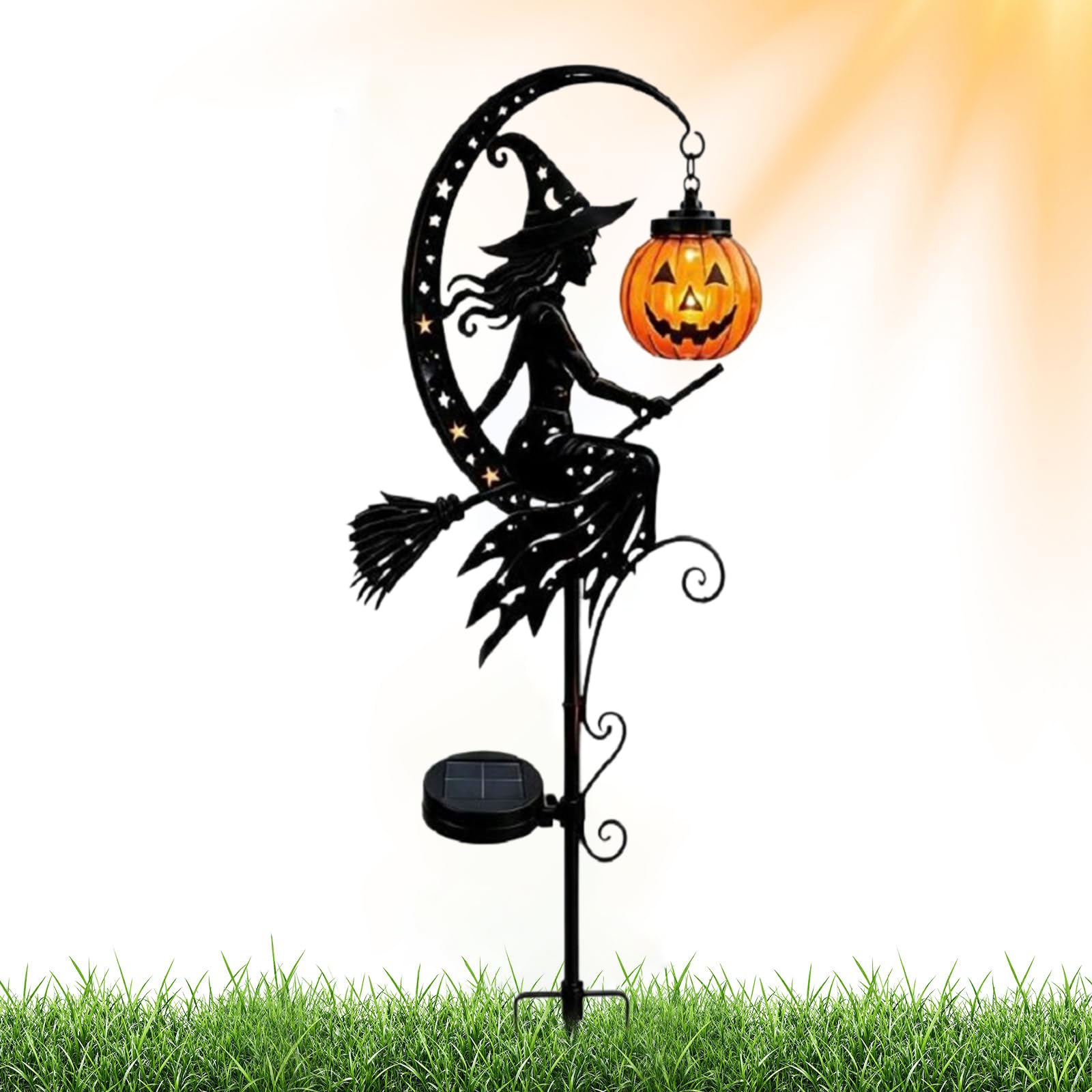 Solar Halloween Witch Garden Stake Light, Pumpkin Moon Ground Stake