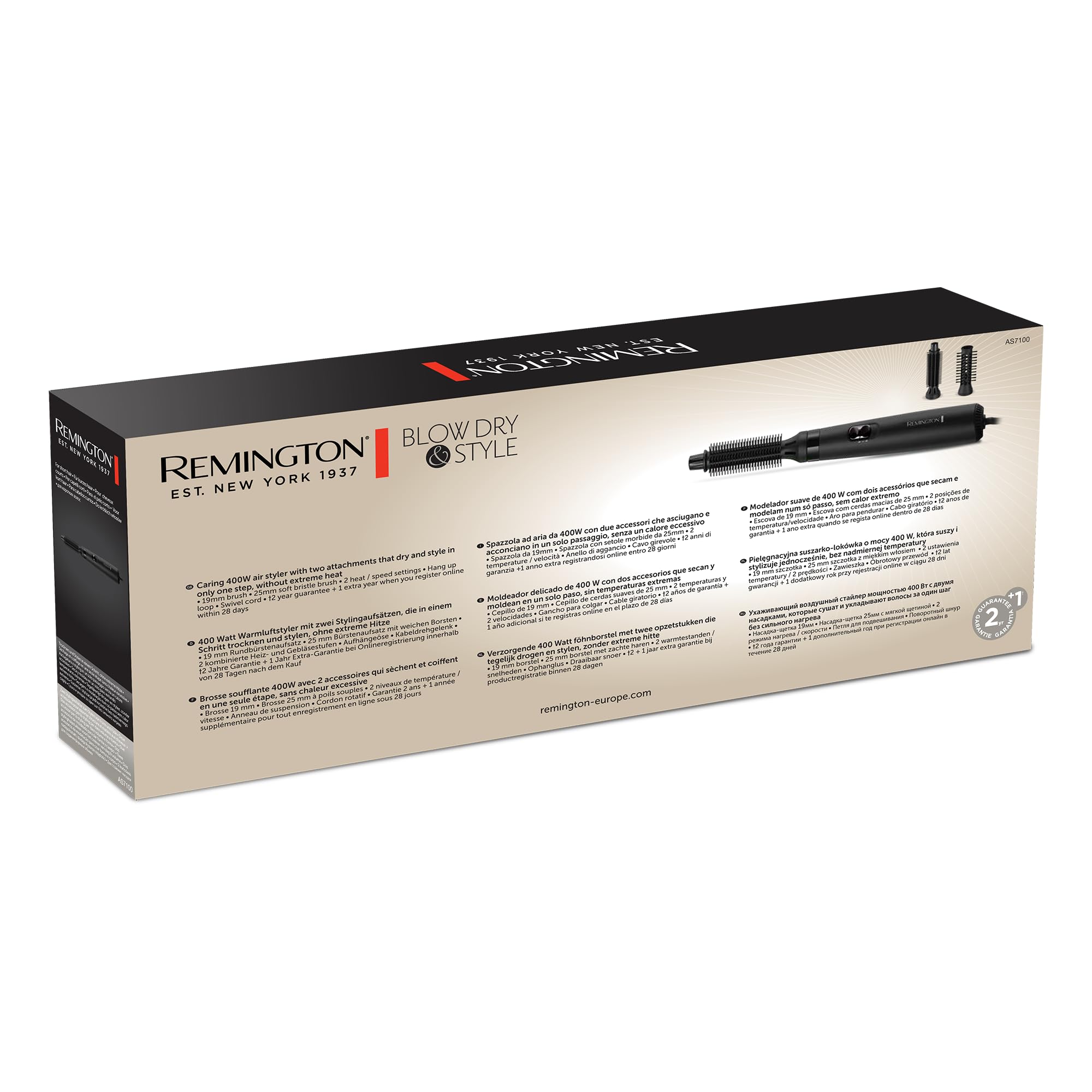 Remington Brosse Soufflante [Idéale Cheveux Courts] Blow Dry & Style (400W, Température variable, 2 brosses rondes 19 et 25mm, Cordon Rotatif) AS7100