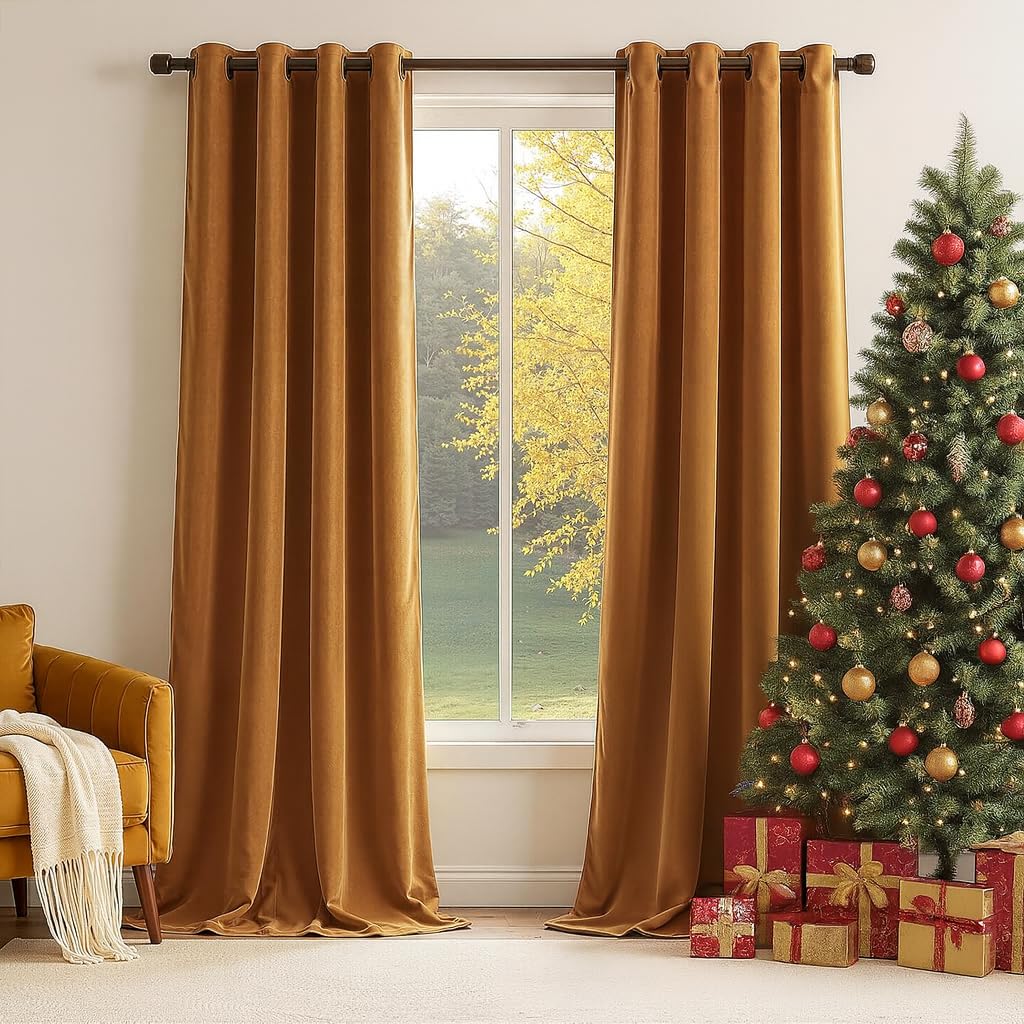 Gold Brown Velvet Curtains 84 Inch Long for Living Room Bedroom,Mordern Luxury Room Darkening Blackout Soundproof Insulated Curtain Drapes Soft Velvet
