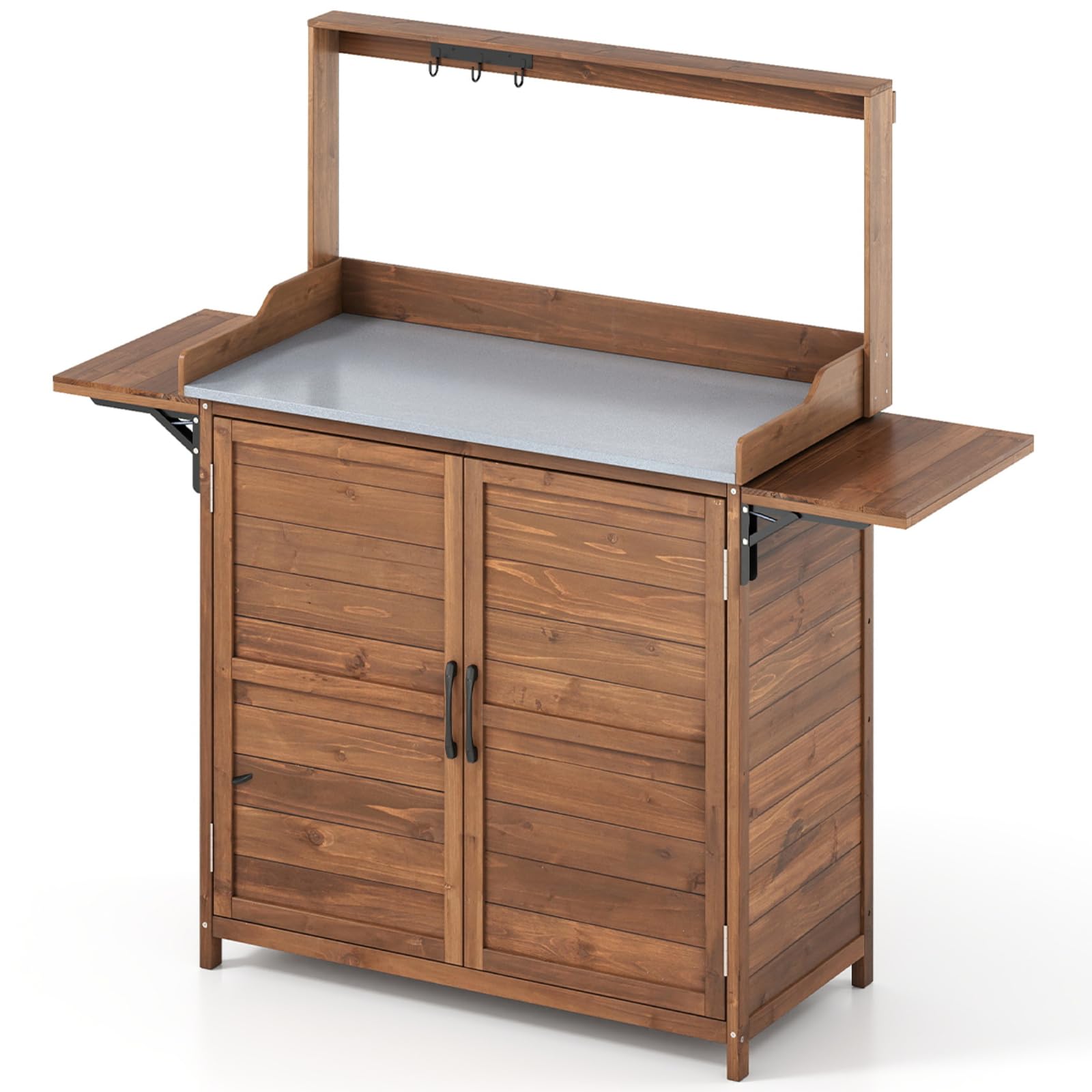 TANGZON Wooden Garden Shed, Potting Bench Table with Galvanized Top & Removable Shelves, 3 Hanging Hooks, Outdoor Tool Storage Cabinet Planting Workstation (with 2 Folding Side Tables, 138x47x128cm)