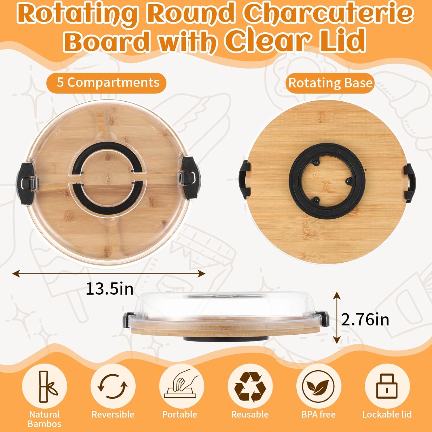 LemonRoad 13.5'' Rotating Round Charcuterie Board with Clear Lid, Travel Portable Board Charcuterie Boxes, Meat Fruit Serving Tray Platter, House Warming Gifts New Home, Gifts for Women - Image 2