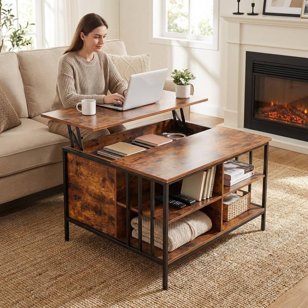 Farmhouse Lift-Top Coffee Table with Storage, Adjustable Height Living Room Center Table, Multifunctional Lift Top Design