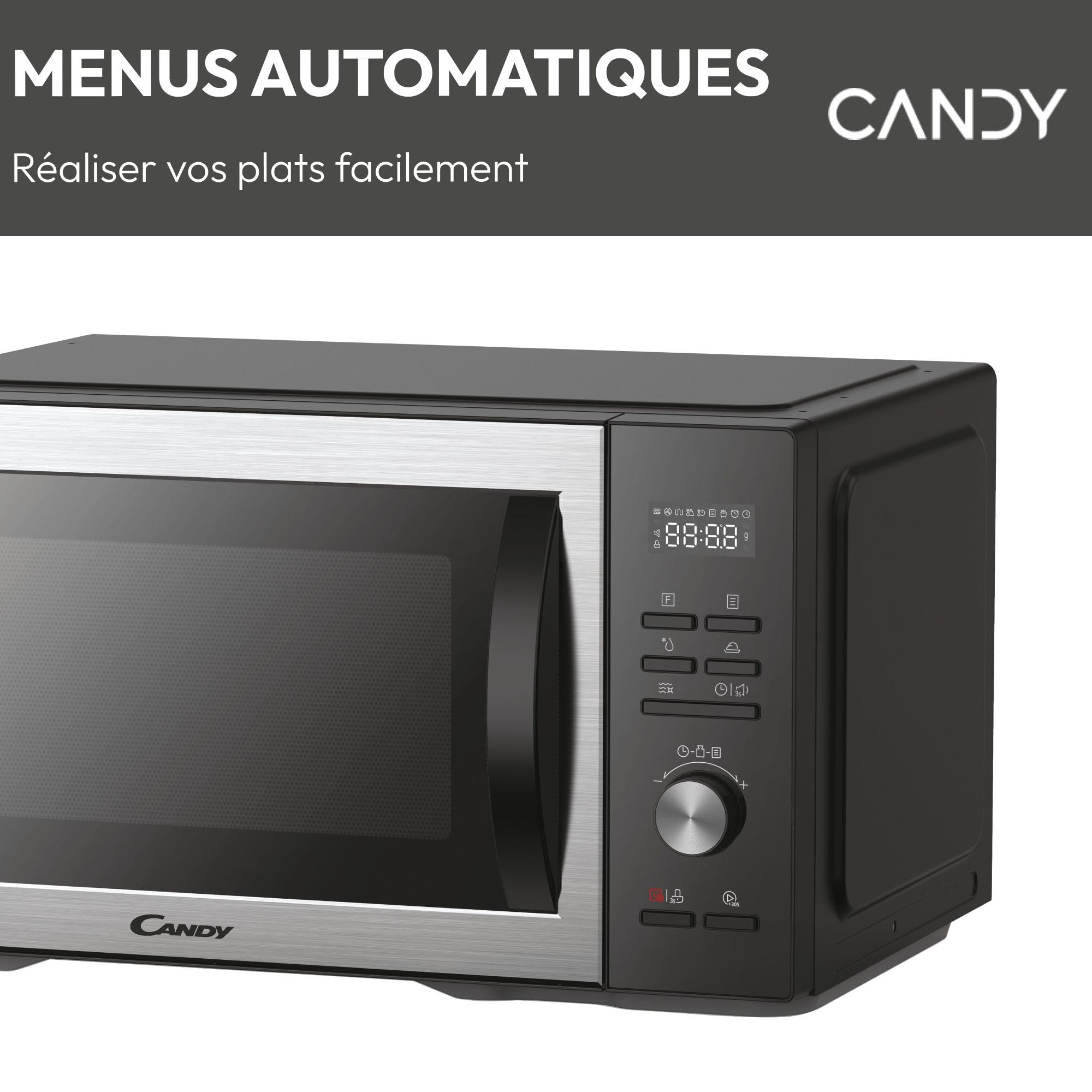 Candy CMCA29EDLB Four Micro-ondes Gril 1000W, Combiné à Chaleur Tournante, Grande Capacité 29L, Menus Pré-Programmés, Nettoyage Auto, Programmateur digital, Fonction décongélation, Noir Silver