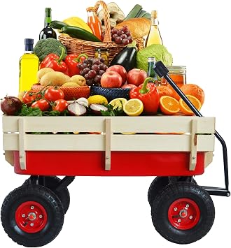 Heavy Duty Steel Frame Wagon with 10" All-Terrain Air Tires & Wooden Side Panels, Wooden Wagon 176LB Capacity, Foldable Utility Cart for Gardening, Outdoor Toys Red