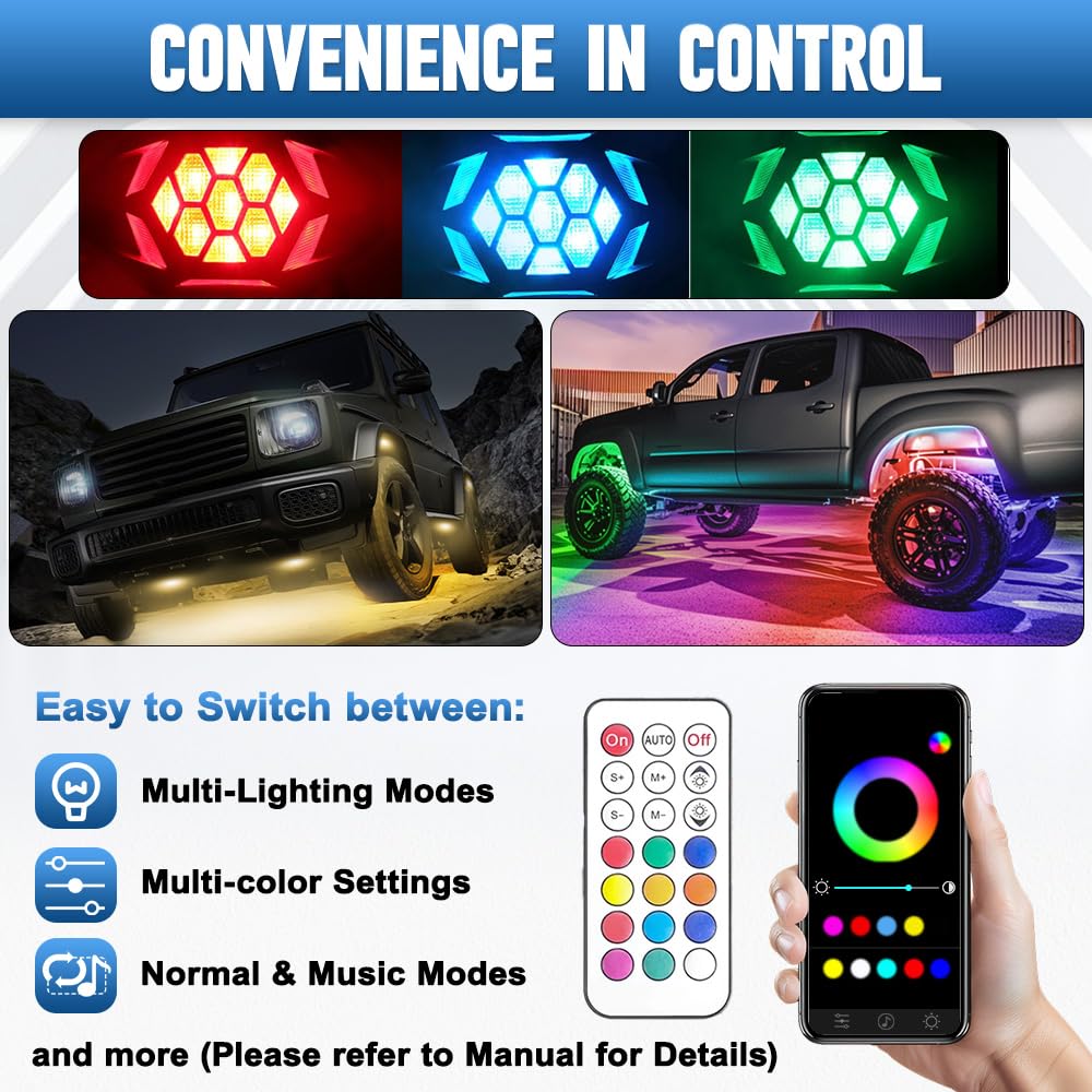 Riloer Zestaw świateł samochodowych 9-36 V RGB Rock Ambient LED, pilot zdalnego sterowania i aplikacja, kompatybilny z Jeepem, ciężarówką, SUV-em, ATV, UTV, motocyklem, 4 w 1