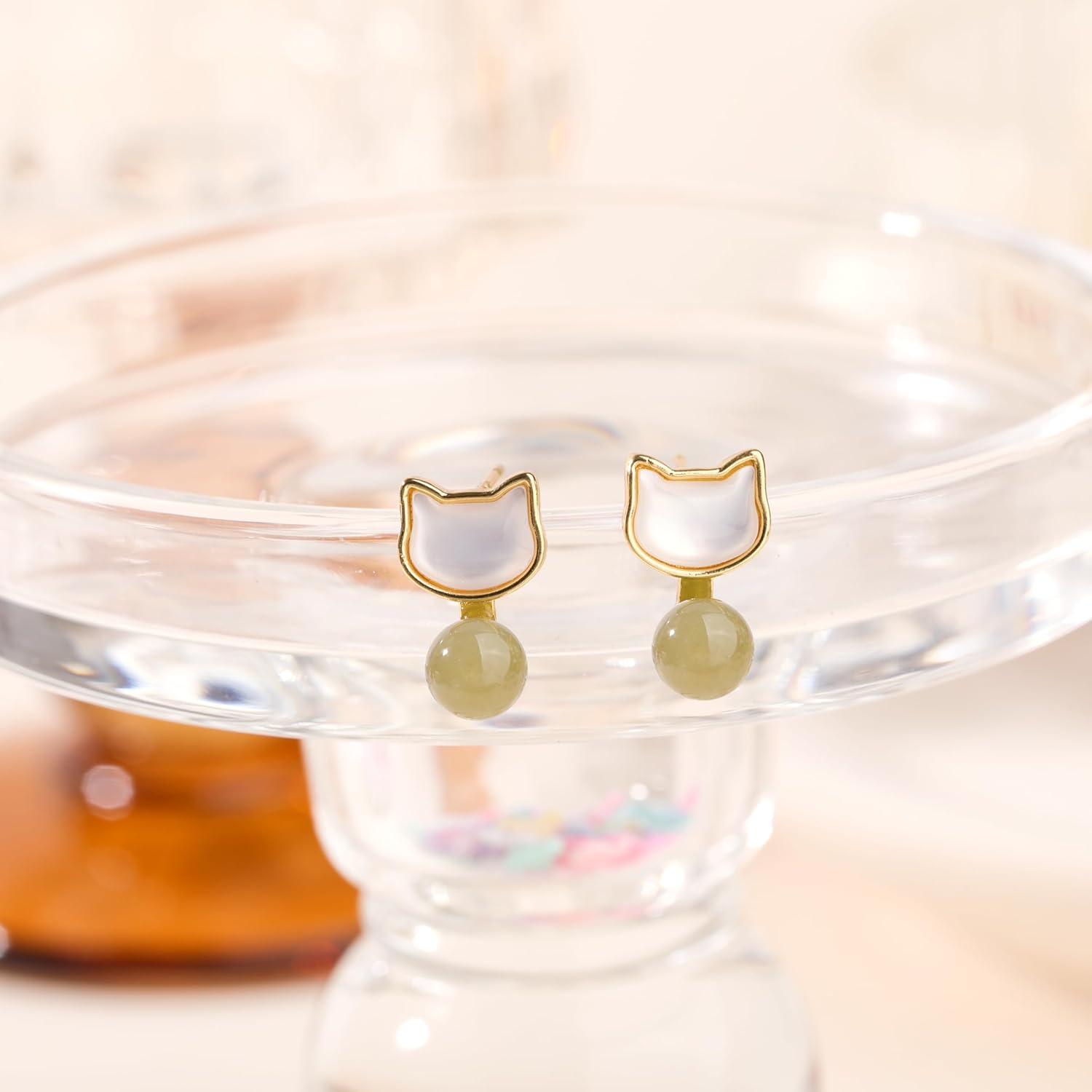 Natural Hetian Jade Cat Black Shell Necklace, Cat Shape Jade Pendant Earrings and Cat Shell Ring Jewelry