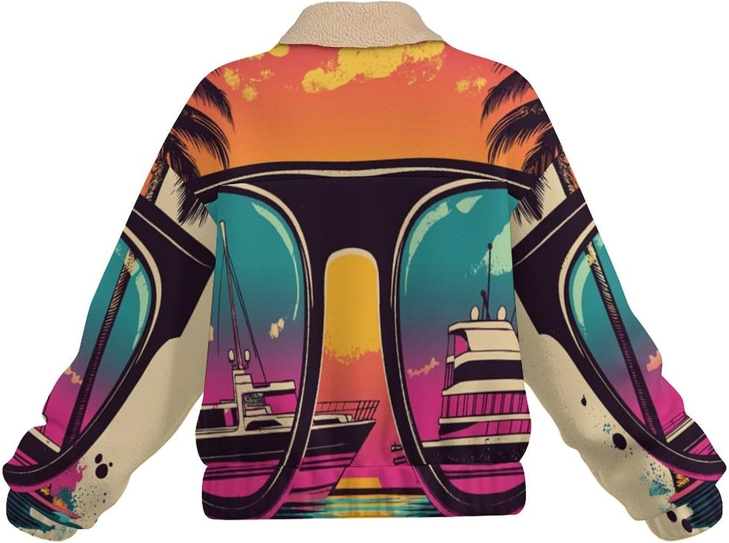 Women's Full Zip Soft Polar Fleece Jacket, sunset palm trees Printed Outdoor Recreation Coat,Long Sleeve Outerwear