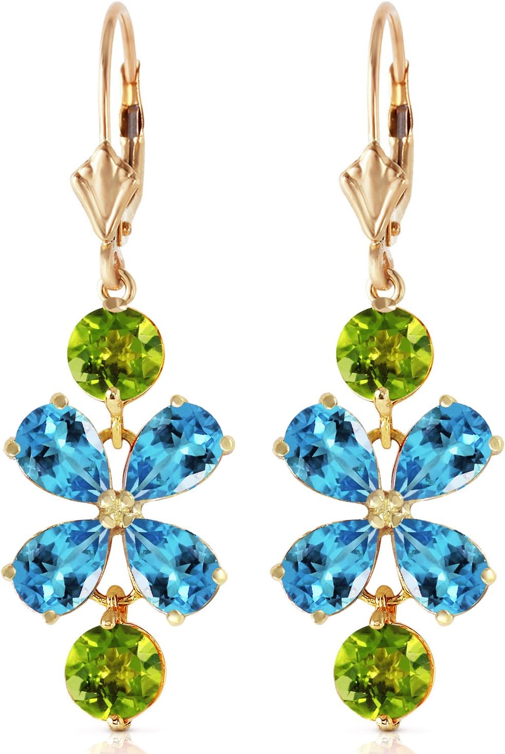 Galaxy Gold GG 14k Yellow Gold Peridot and Blue Topaz Flower Dangle Earrings - Image 3