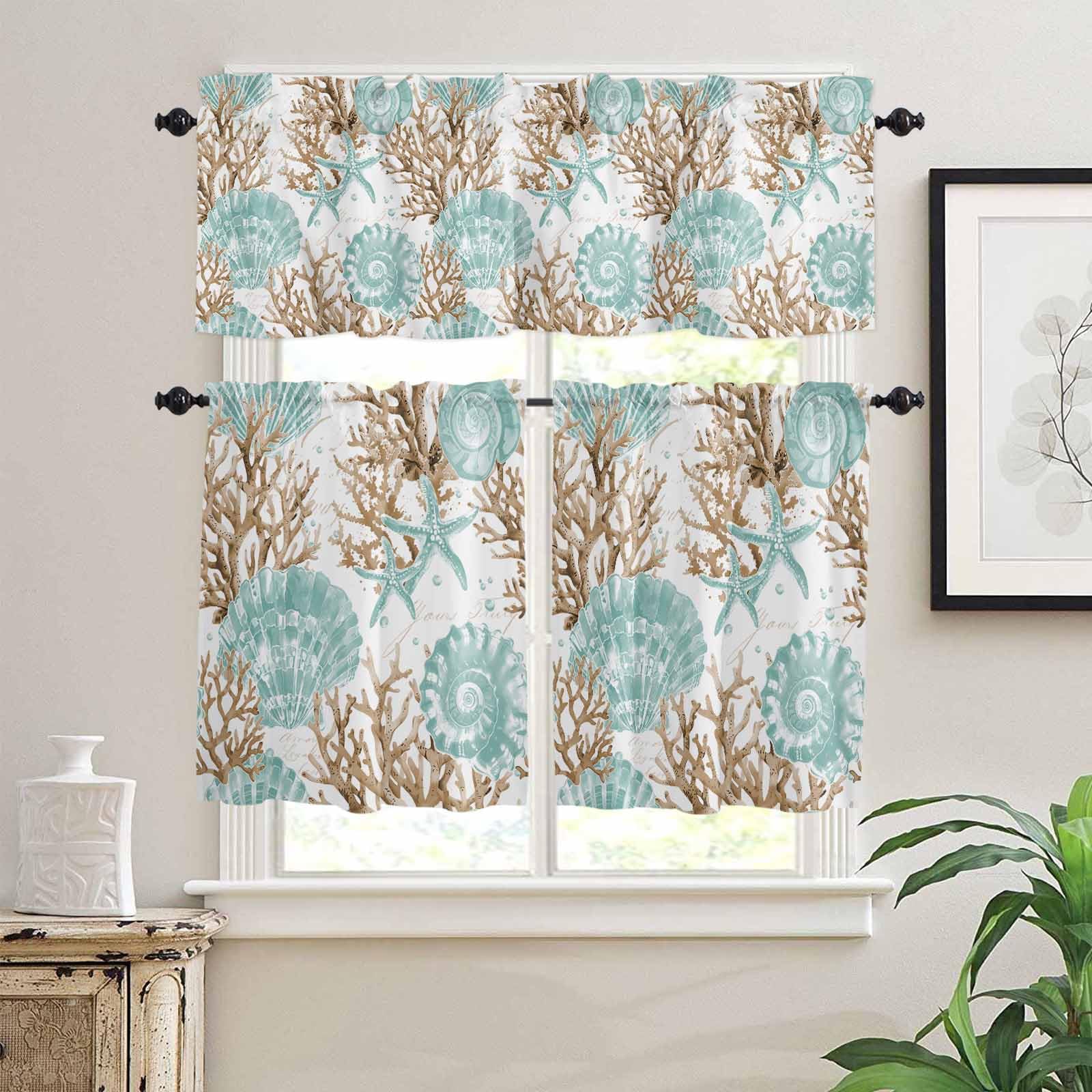 Green Coastal Seashells Kitchen Curtains 36 Inch Length,3 Piece Rod Pocket Small Half Tiers and Valance Set,Nautical Brown Coral Starfish Small Large Window Treatment Decor for Bedroom/Bathroom Sink
