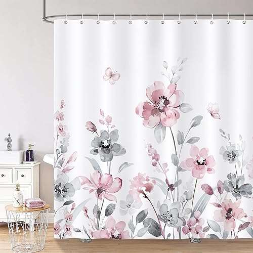 Miniatura 9 de Bonhause Cortina de ducha floral morada, cortina de baño elegante de 72 x 72 pulgadas, tela de poliéster impermeable con 12 ganchos