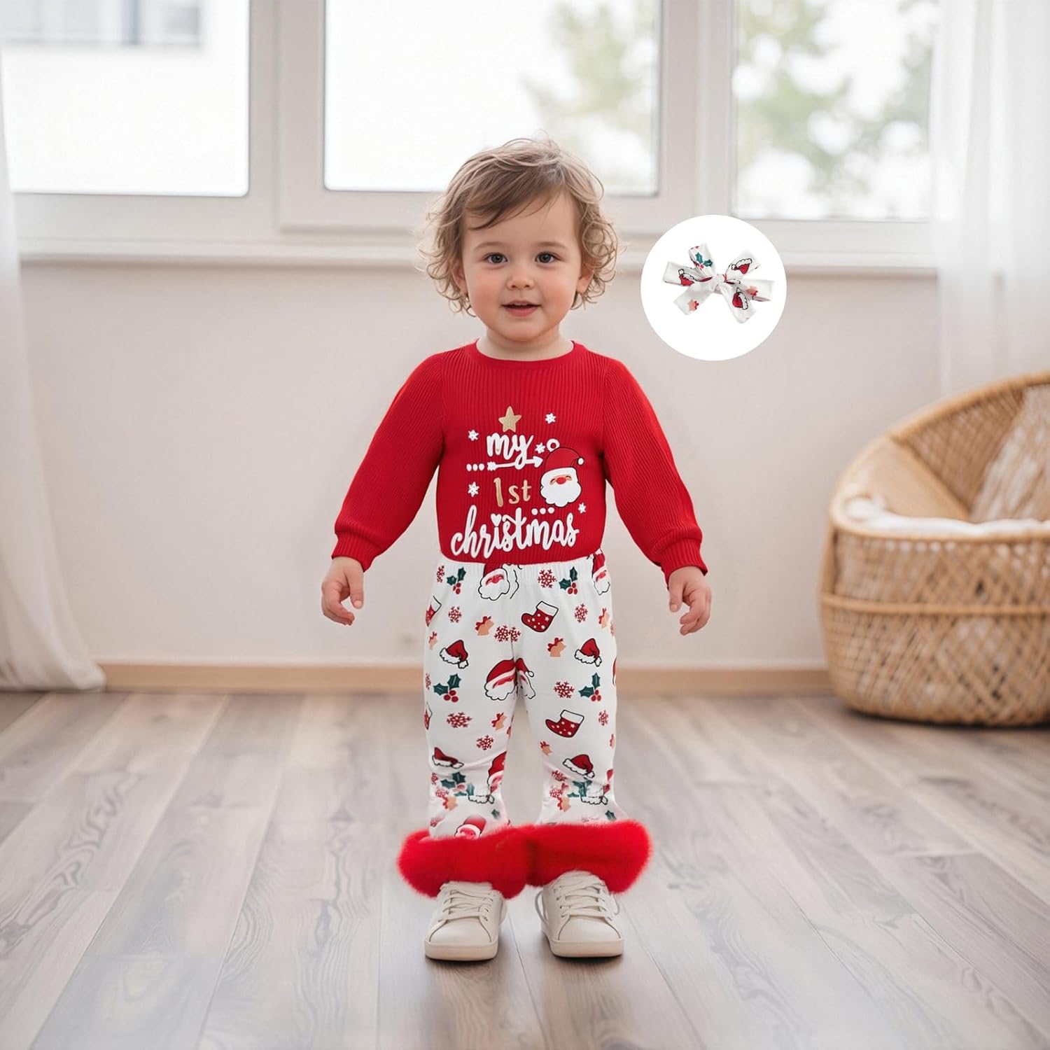 My First Christmas Baby Girl Outfit Newborn Long Sleeve Romper Santa Flare Pants Headband 3Pcs Cute Xmas Clothes - Image 2