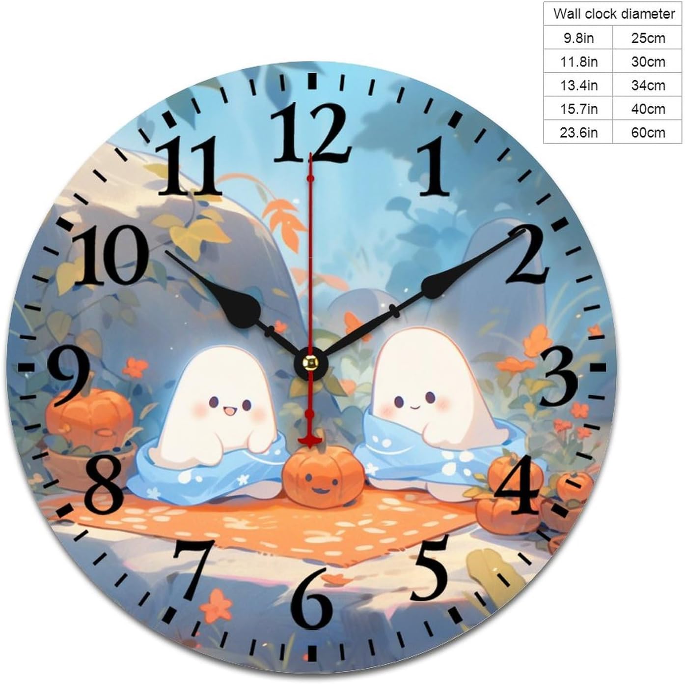 Ghosts and Pumpkin Wall Clock Fall Happy Halloween Vintage Wood Print Wall Clock Battery Operated Living Room Bedroom Kitchen Farmhouse Decor Arabic Numbers 12 Inch Round
