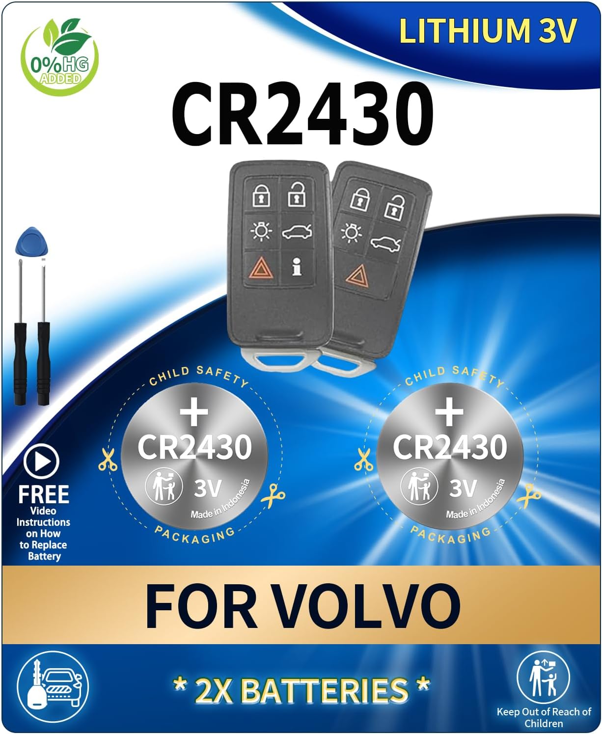 2 Pack Key Fob Replacement Battery CR2430 for Volvo XC60 (2010-17), S60 (2011-18), XC70 (2008-16), S80 (2007-16), V60 (2015-18), V70 (2008-10) Remote Fob