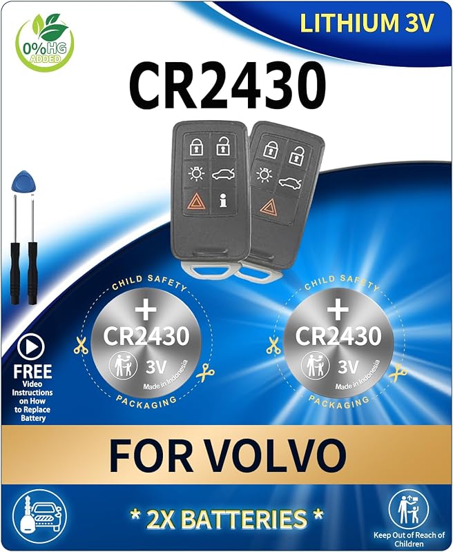Bateria CR2430 para chave presencial Volvo IYUKETROR – Kit com 2 unidades e ferramenta