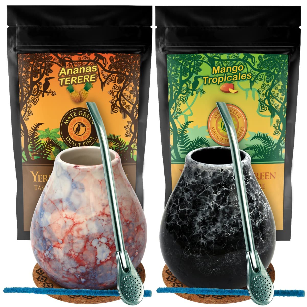 Mate Tee Green Tropical Set| Mate-Tee Mango Tropicales mit Mago| Yerba Mate-Tee Dulce Pina mit Ananas| Keramik Mate Tee Becher Tasse und Stahl Trinkhalm |Mehrfrüchte mate tee loose leaf 1kg