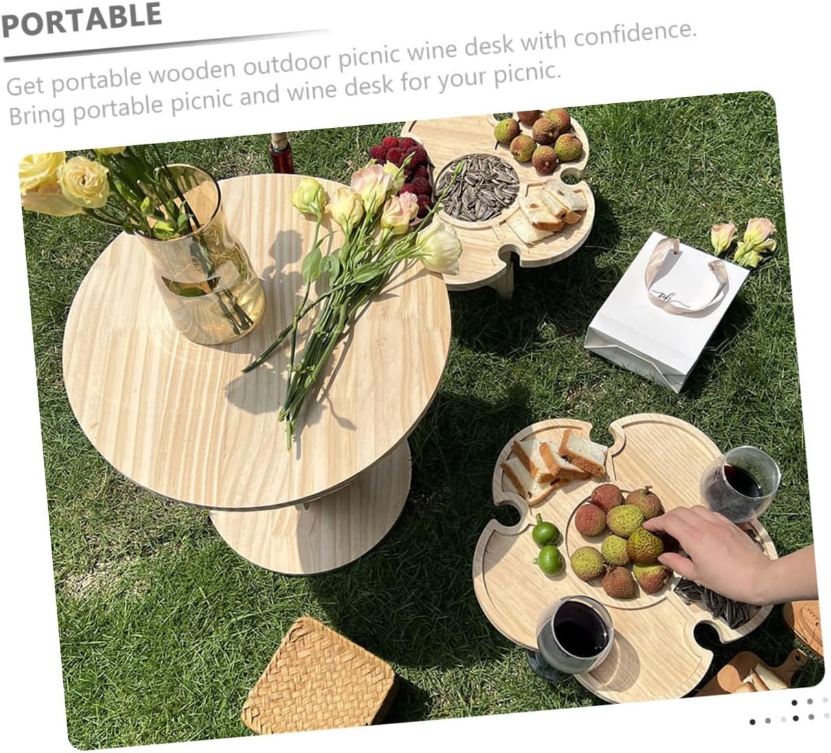 DOITOOL Portable Foldable Wood Wine Desk Outdoor Picnic Beach Table 35cm Diameter Small Folding Tray Table for Camping BBQ and Travel