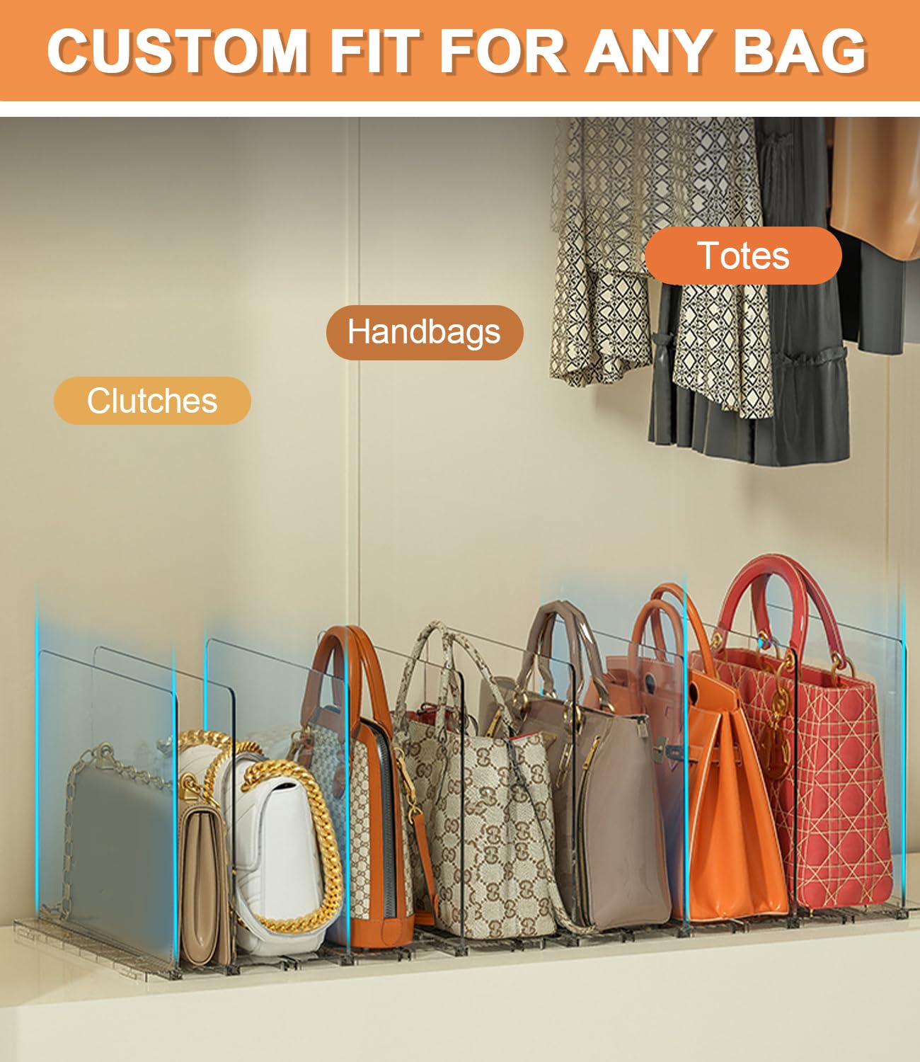 Lot de 10 Séparateurs de Sacs à Main, Organisateur Dressing Ajustable avec Base à Fentes et Diviseurs Ajustables, Rangement pour Dressing, Placard, Chambre et Cuisine