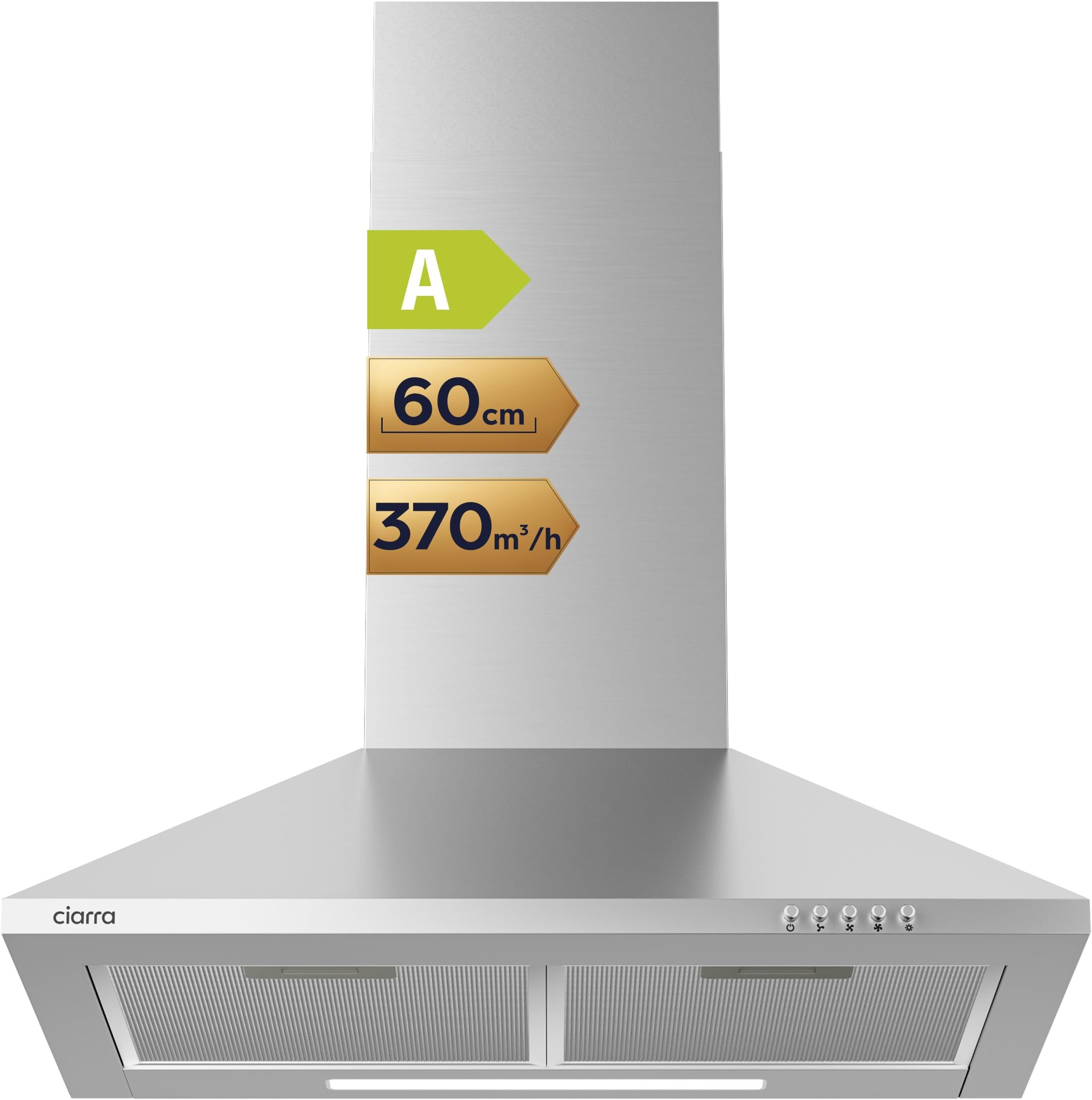 CIARRA CAS6201A Cooker Hood 60cm Stainless Steel Chimney Range Hood 600mm Recirculating Duct Kitchen Ventilation Extractor Fan