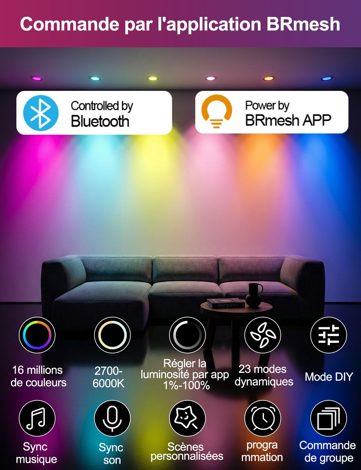 iLC Spots LED Encastrable 8W 60W Découpe Ф68-85mm IP44 Rond CCT RGB APP Lot de 8