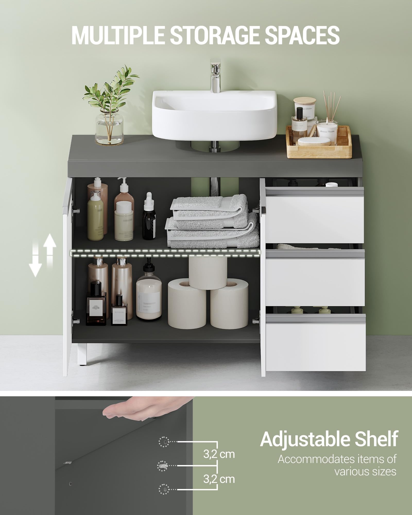 Hzuaneri Meuble sous Lavabo, Meuble sous Vasque, Salle de Bain, 30x90x64cm | 2 portes, 3 tiroirs, Rangement Spacieux, Autoportan, Gris Ciment et Blanc Nuage, BC29929X