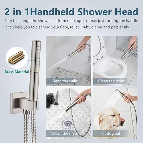 Miniatura 4 de Aolemi Sistema de ducha de lluvia de níquel cepillado de 10 pulgadas, juego de cabezal de ducha cuadrado de montaje en techo con rociador de mano 2