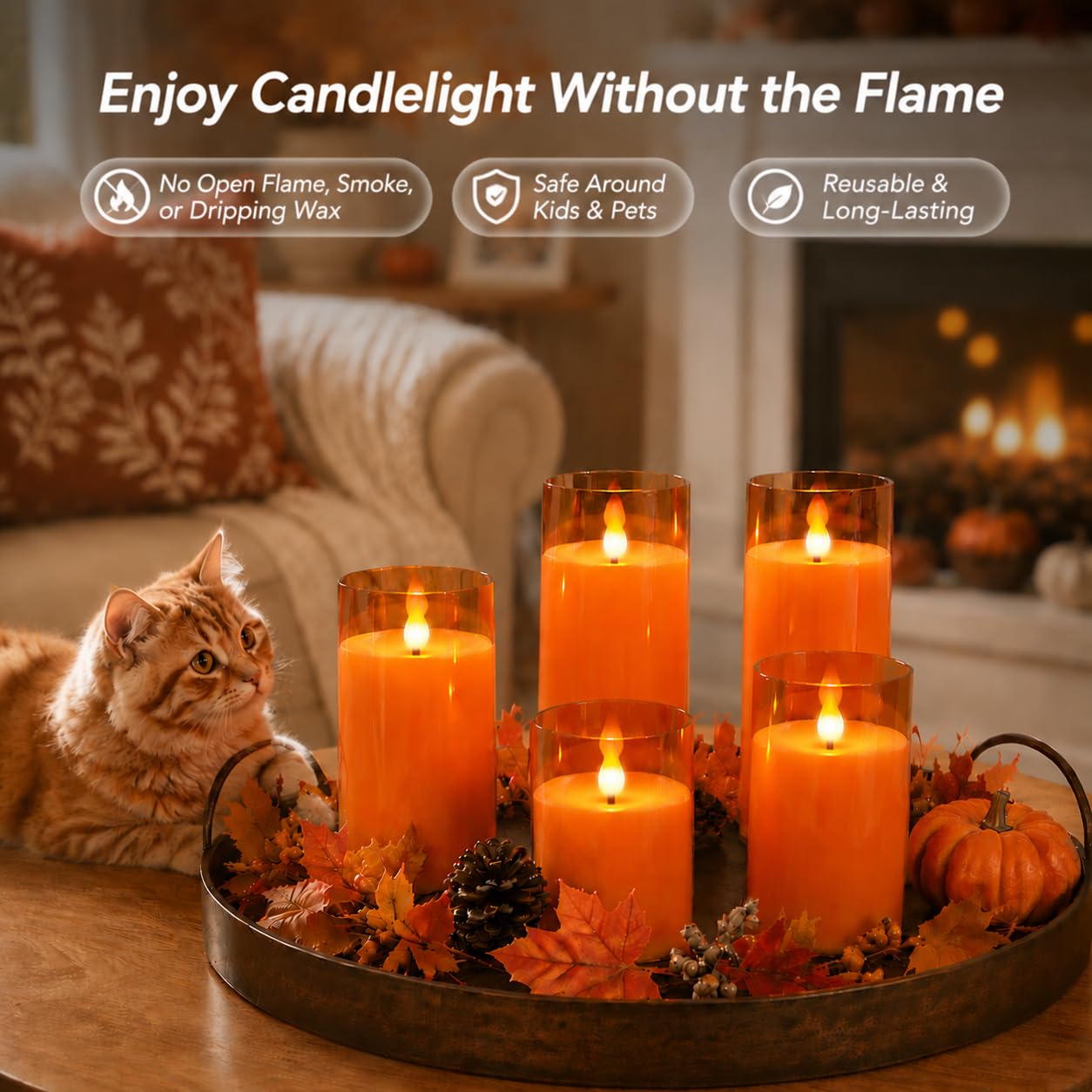 Fo32won Candele a pilastro a LED senza fiamma, a batteria, con timer remoto, confezione da 5 candele in acrilico tremolanti 3D per autunno, Halloween, Ringraziamento, Natale, decorazione per camino