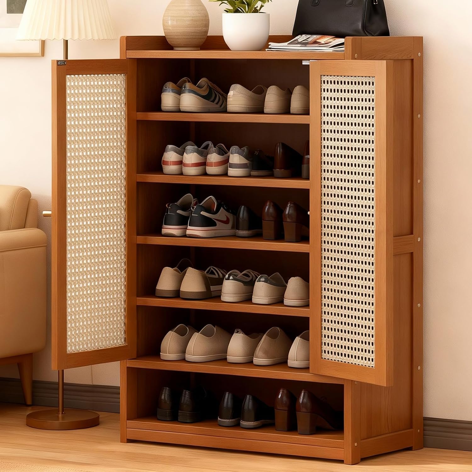 シューズラック 玄関収納 ドア付き 天然竹製コンパクト設計 省スペース おしゃれ Amazon｜シューズラック 7段 下駄箱 竹製 2扉付き 靴棚 スリム 大容量