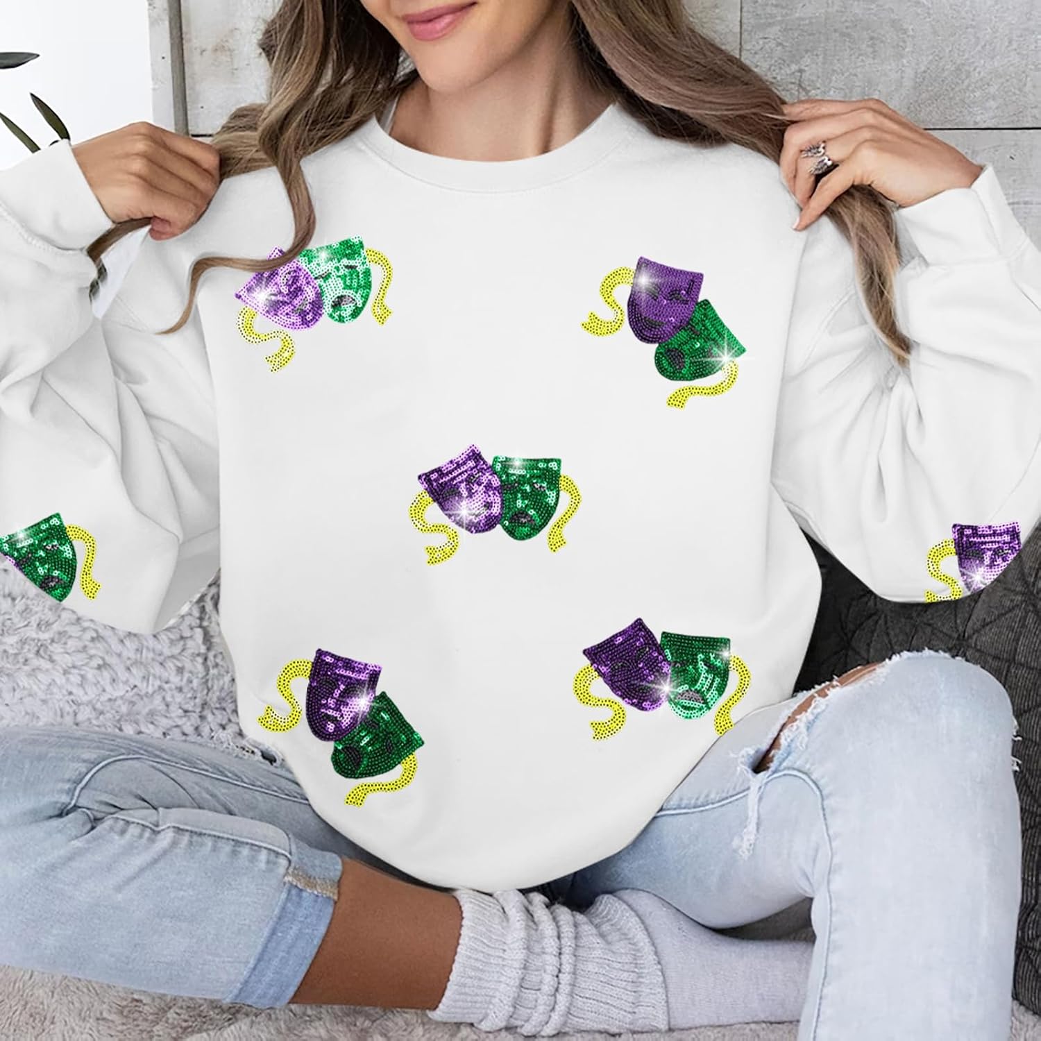 KIDDAD Mardi Gras Sweatshirt for Women Carnival Sequin Crewneck Sweater Mask Graphic Pullover Tops Funny Holiday Shirts