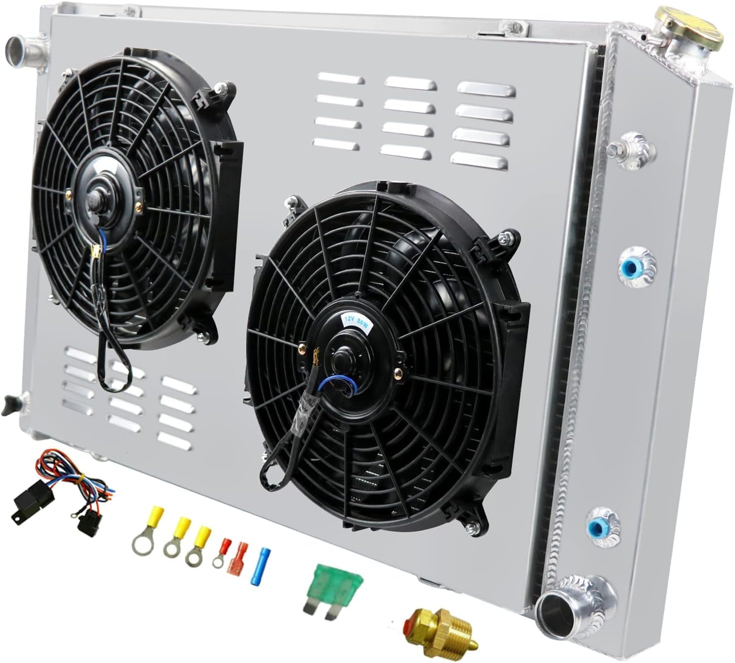 Full Aluminum Radiator for 1973-1991 Chevy GMC C K C10 10 20 30 C1500 C2500 C3500 Jimmy Blazer Truck Pickup Suburban 4 Row Core Radiators with Shroud Fan Relay kit