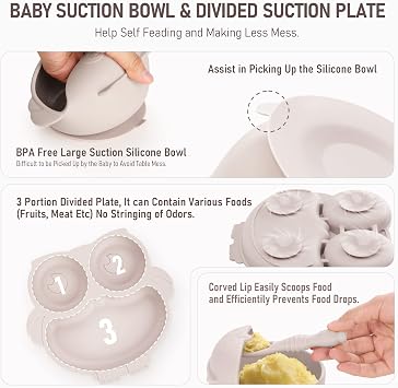 Baby Weaning Set - Silicone Toddler Feeding Set (10 Pcs) with Adjustable Bib, Suction Bowl, Plate, Fork, Spoon, Water & Snack Cup Kit - Baby Led Weaning Kit