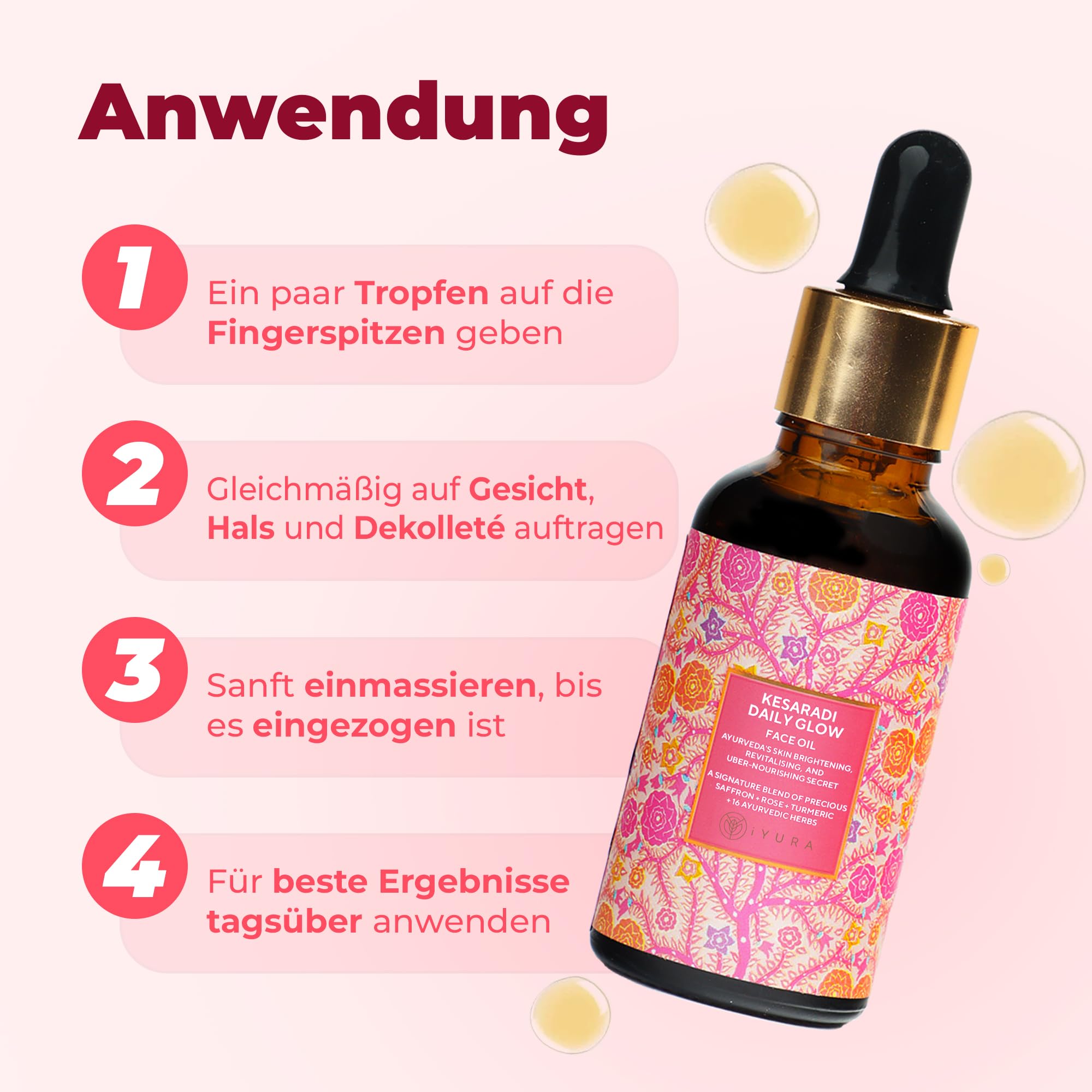 iYURA Kesaradi Daily Glow | Klinisch getestet für Hautaufhellung & -feuchtigkeitspflege | Für trockene, empfindliche Haut | Schnell einziehendes, 100% natürliches Gesichtsöl | Safran & Kurkuma | 30ml