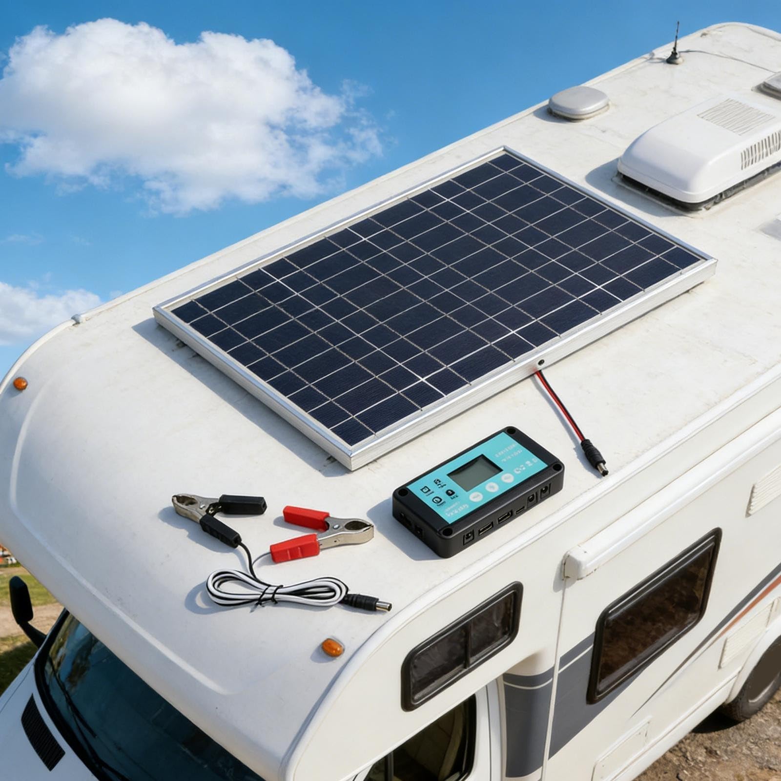 Kit de panneau solaire 100 W avec contrôleur, module de cadre en aluminium étanche IP67 pour système hors réseau 12 V/24 V pour camping-car, noir