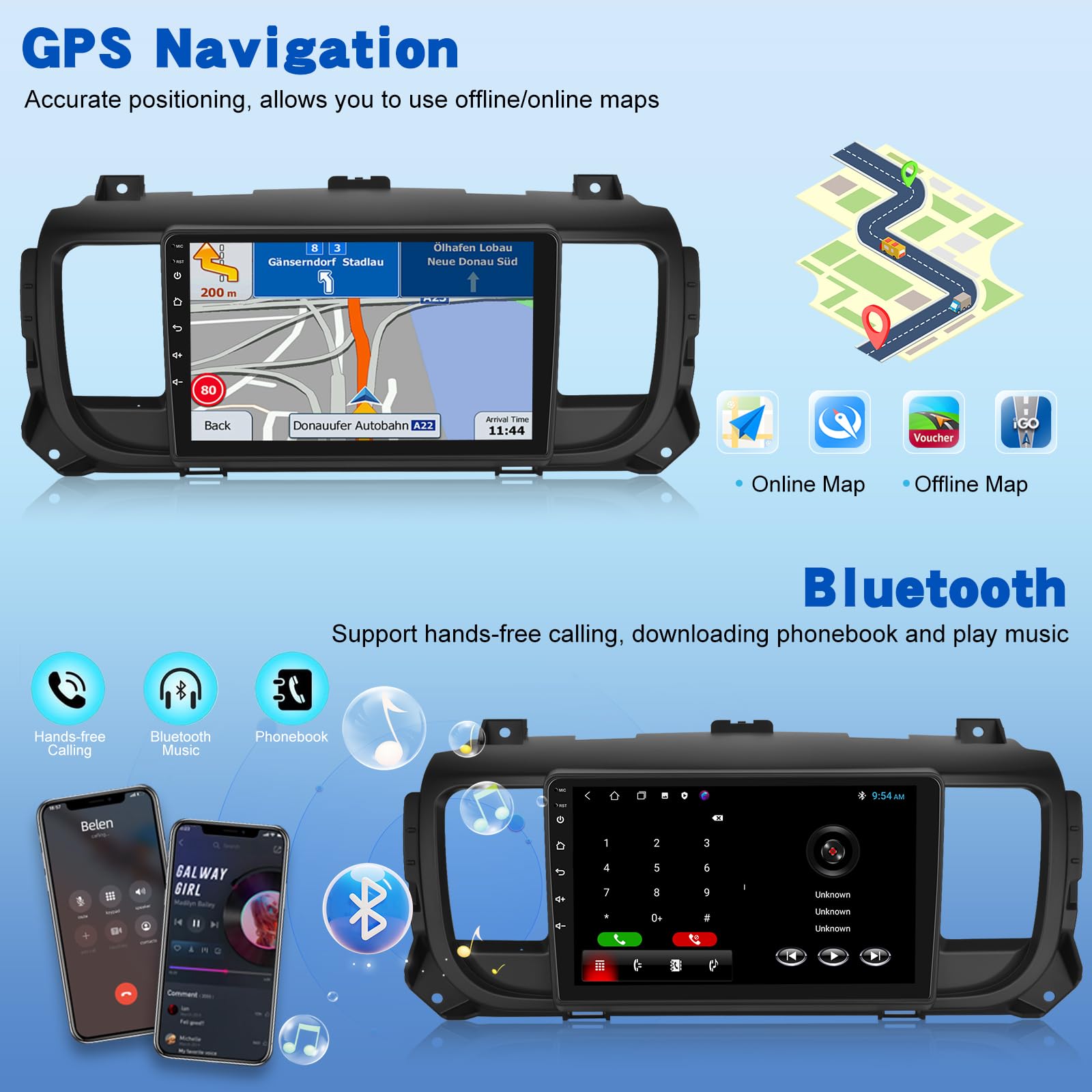 [2G+64G] Android Autoradio für Citroen Jumpy 3/Peugeot Expert/Toyota Proace 2016-2021 mit Kabelloses Carplay und Android Auto, 9 Zoll Touchscreen Autoradio mit GPS/WiFi/Bluetooth/EQ/FM RDS
