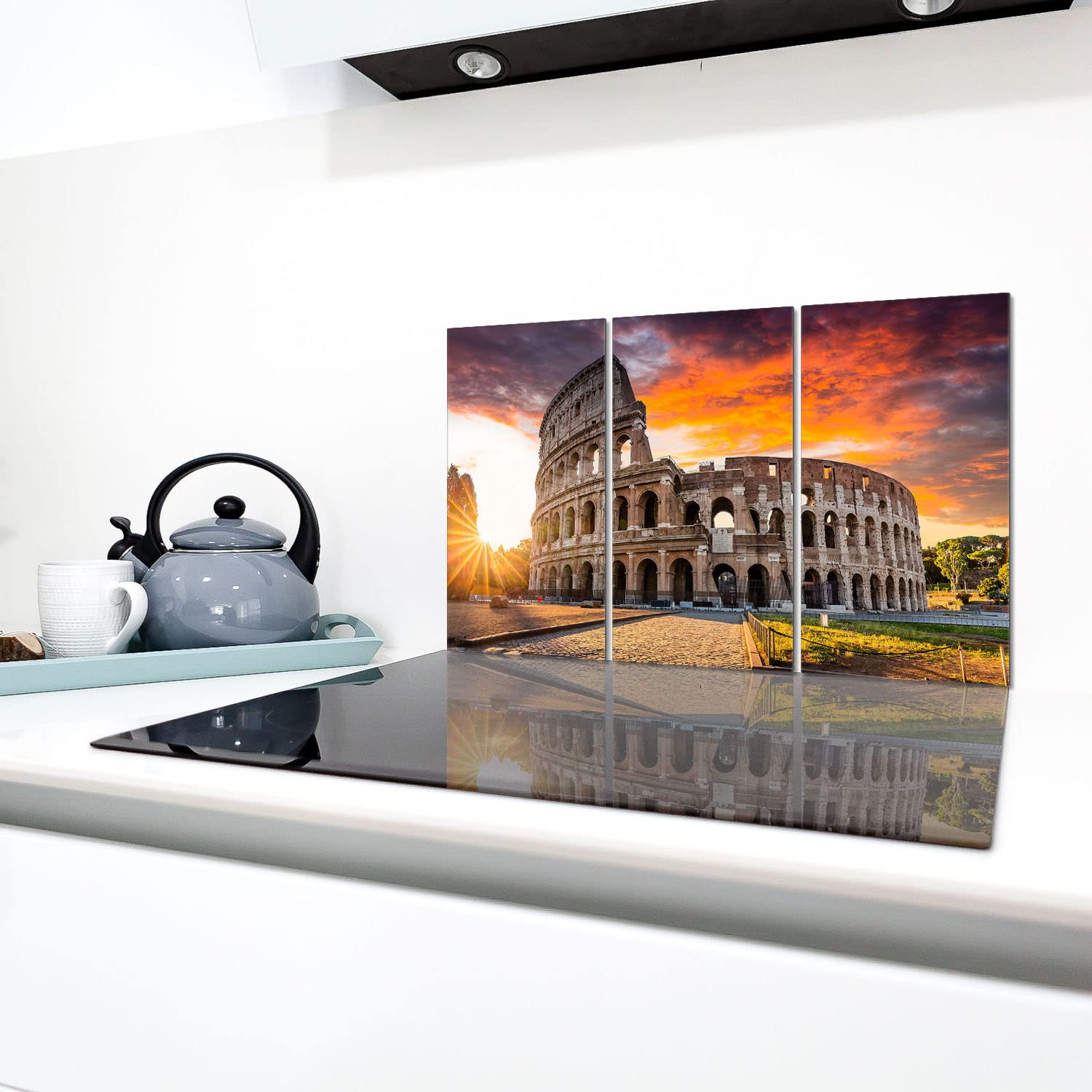 Piastre di copertura per piano cottura in ceranfeld 3 pezzi 30 x 52 cm | copertura per piano cottura cottura elettrico a induzione | paraschizzi | tagliere in vetro | Panorama del Colosseo